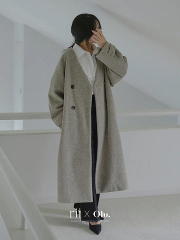 Rii×Olu. ノーカラーシャギーロングコート アイボリー ダブルシャギーロングコート ジャケット・アウター