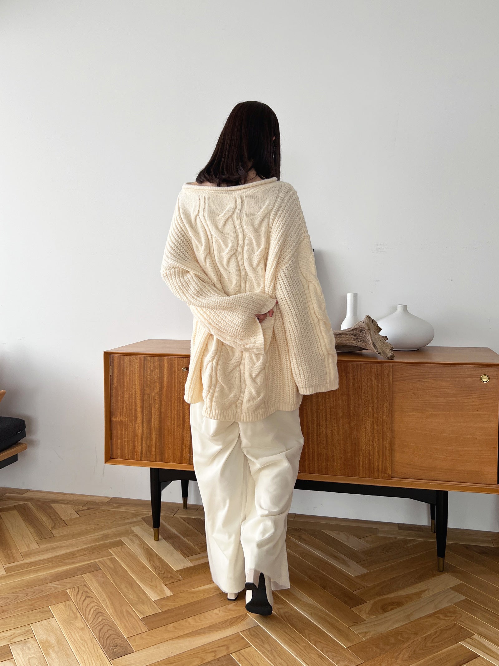 アイボリー ケーブルニット オーバーサイズ オーバーサイズケーブルニット