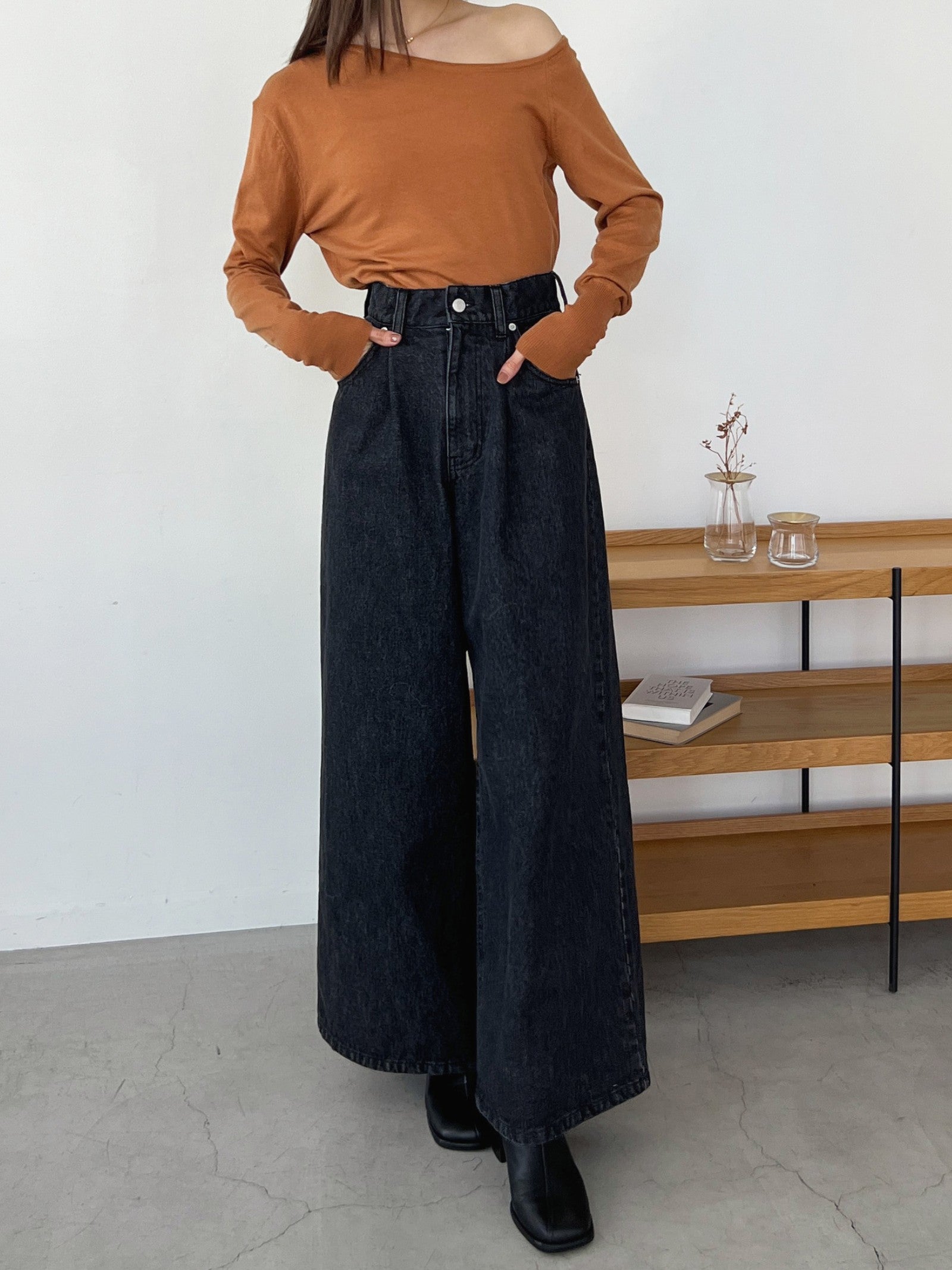 【mic】ハイウエストワイドデニムパンツ
