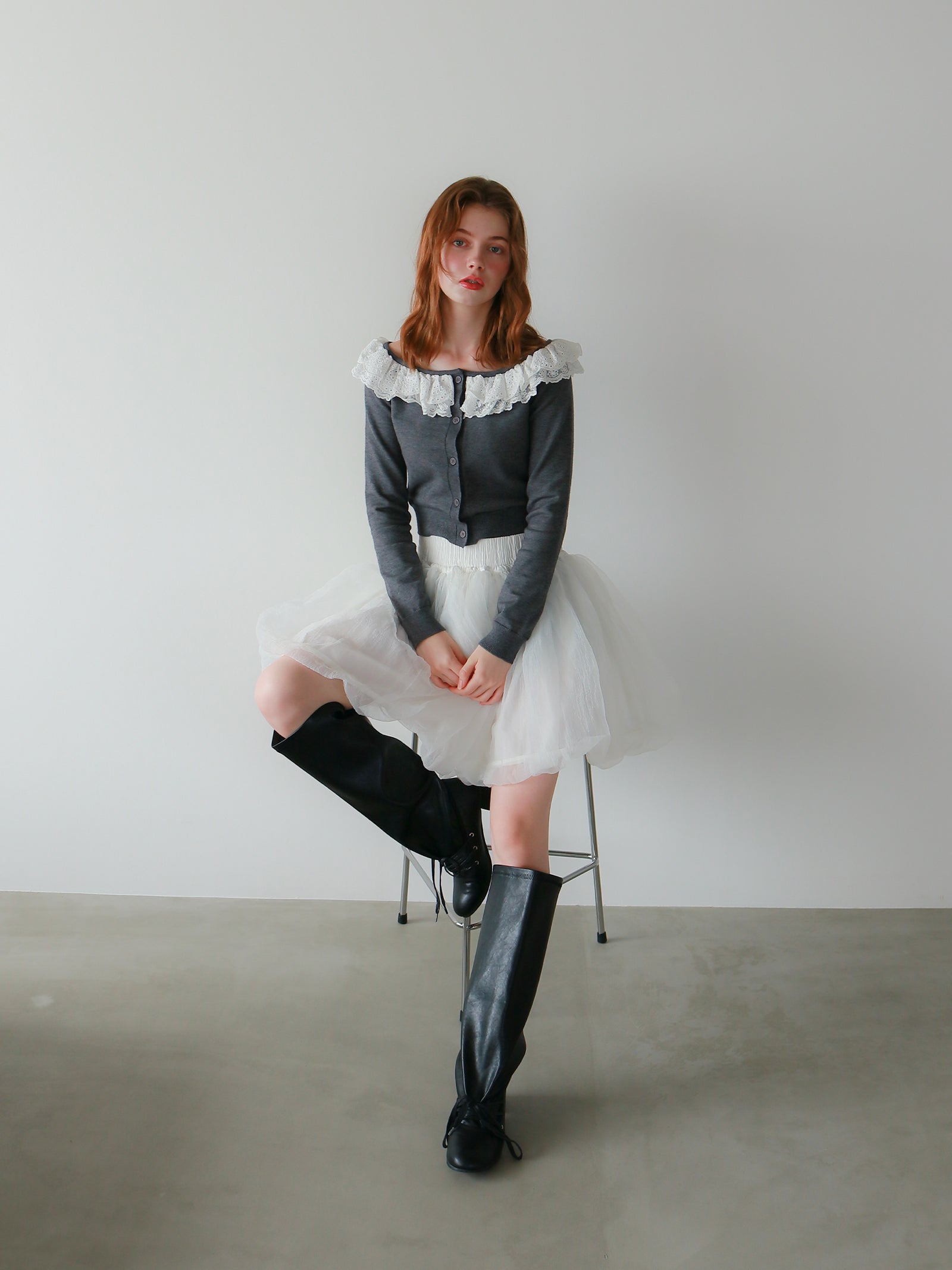 【mic】ベルラッフルニットカーディガン