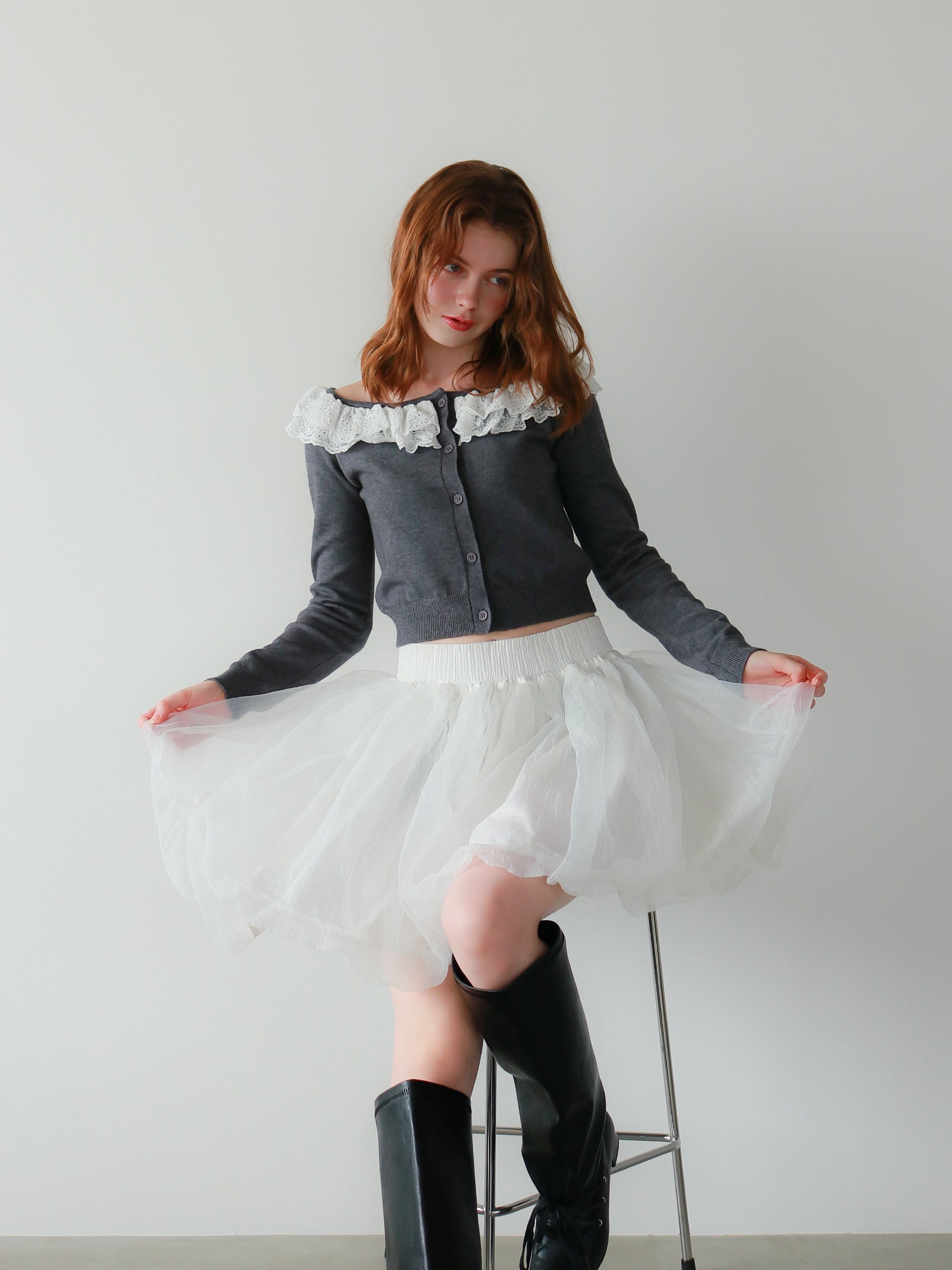 【mic】ベルラッフルニットカーディガン