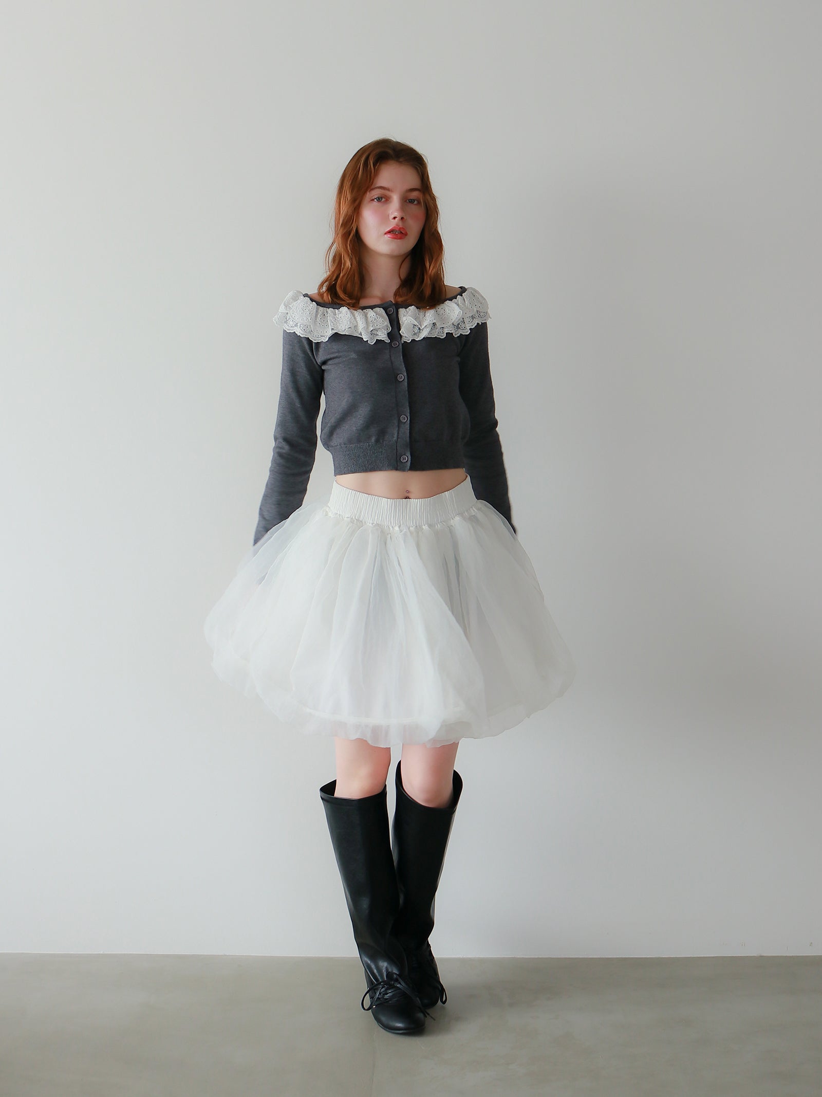 【mic】ベルラッフルニットカーディガン