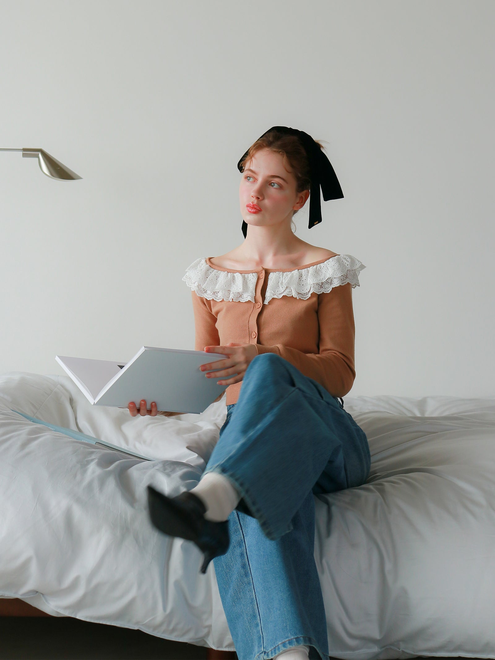 【mic】ベルラッフルニットカーディガン