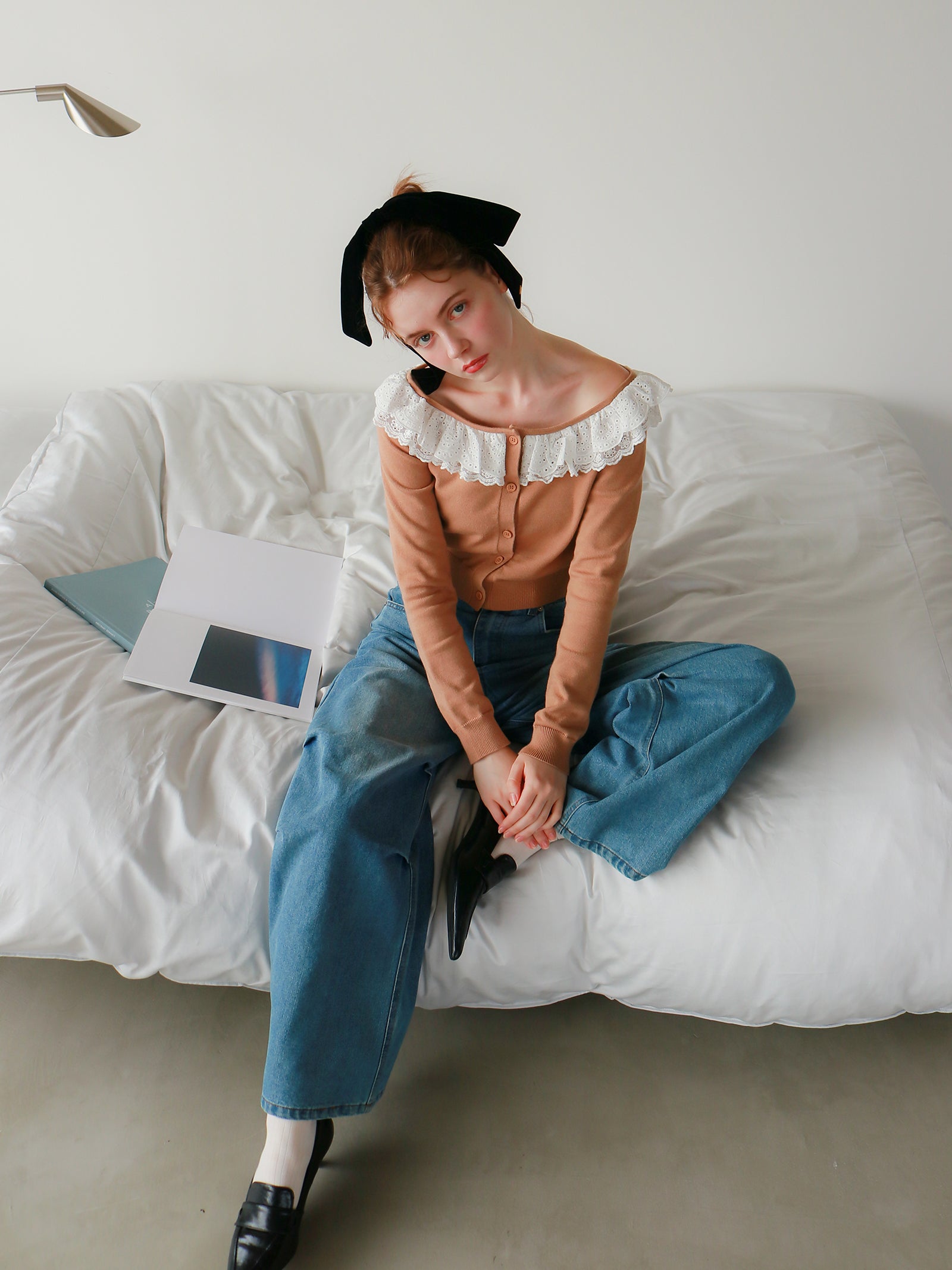 【mic】ベルラッフルニットカーディガン