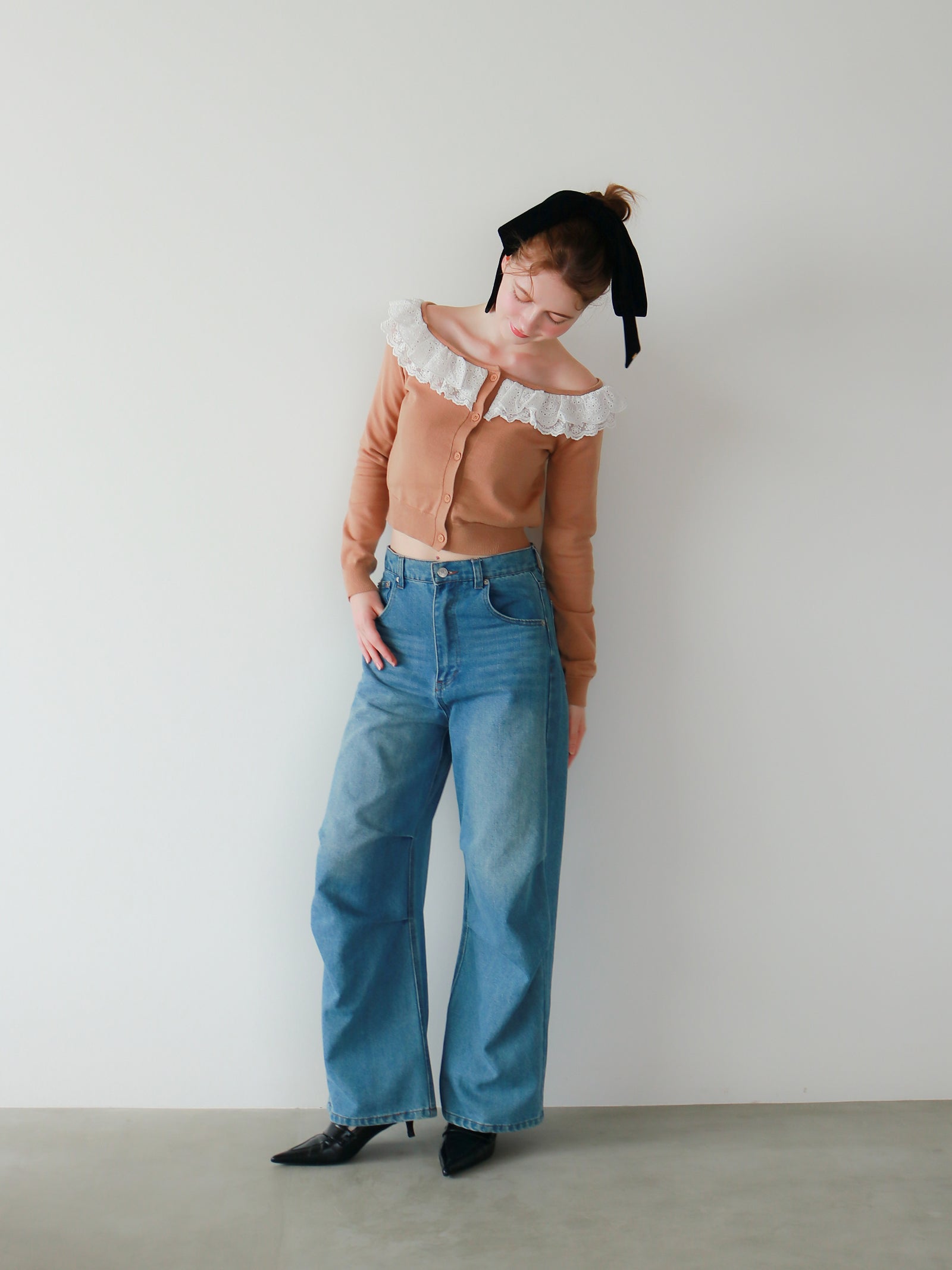 【mic】ベルラッフルニットカーディガン