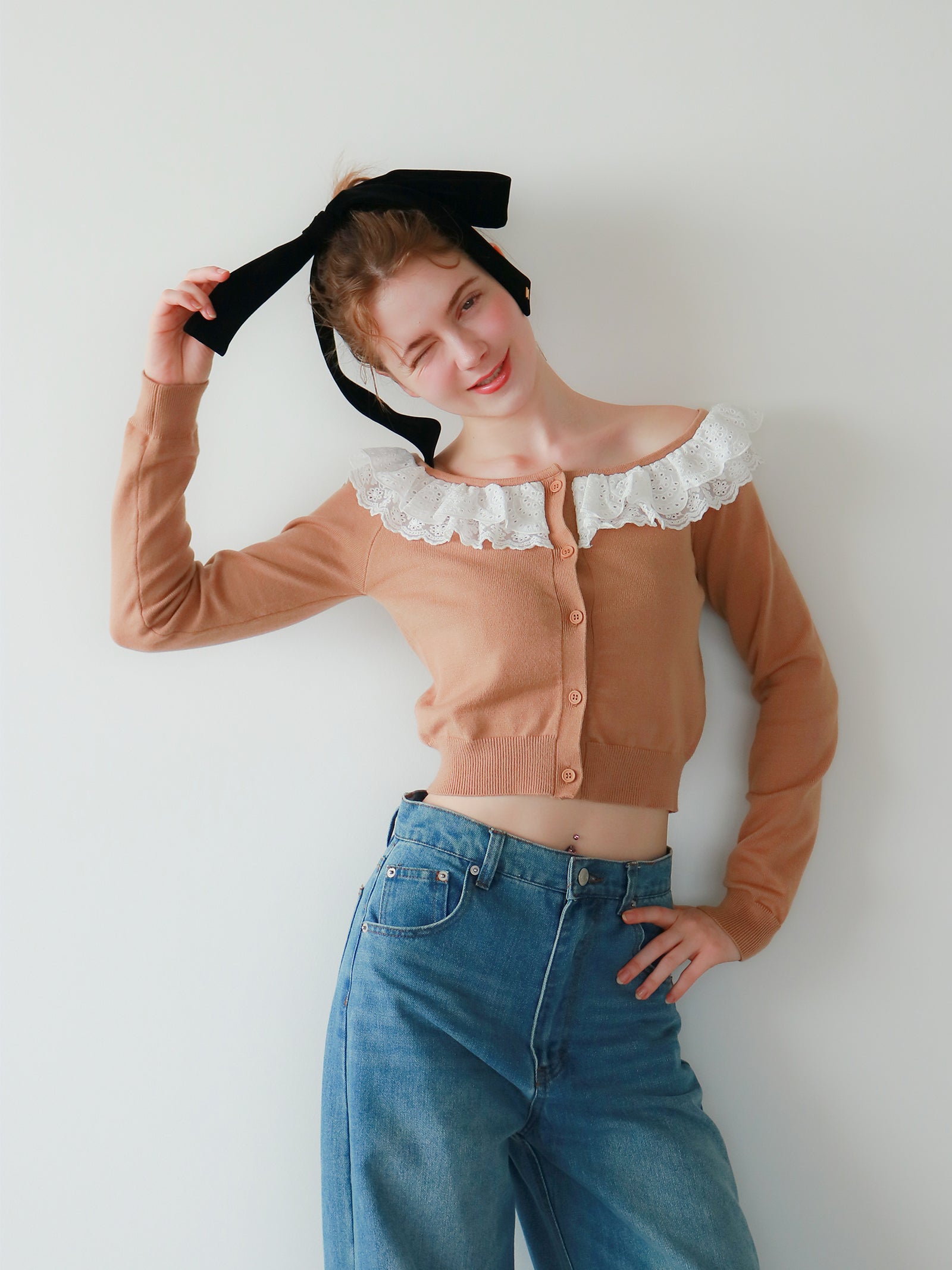 【mic】ベルラッフルニットカーディガン