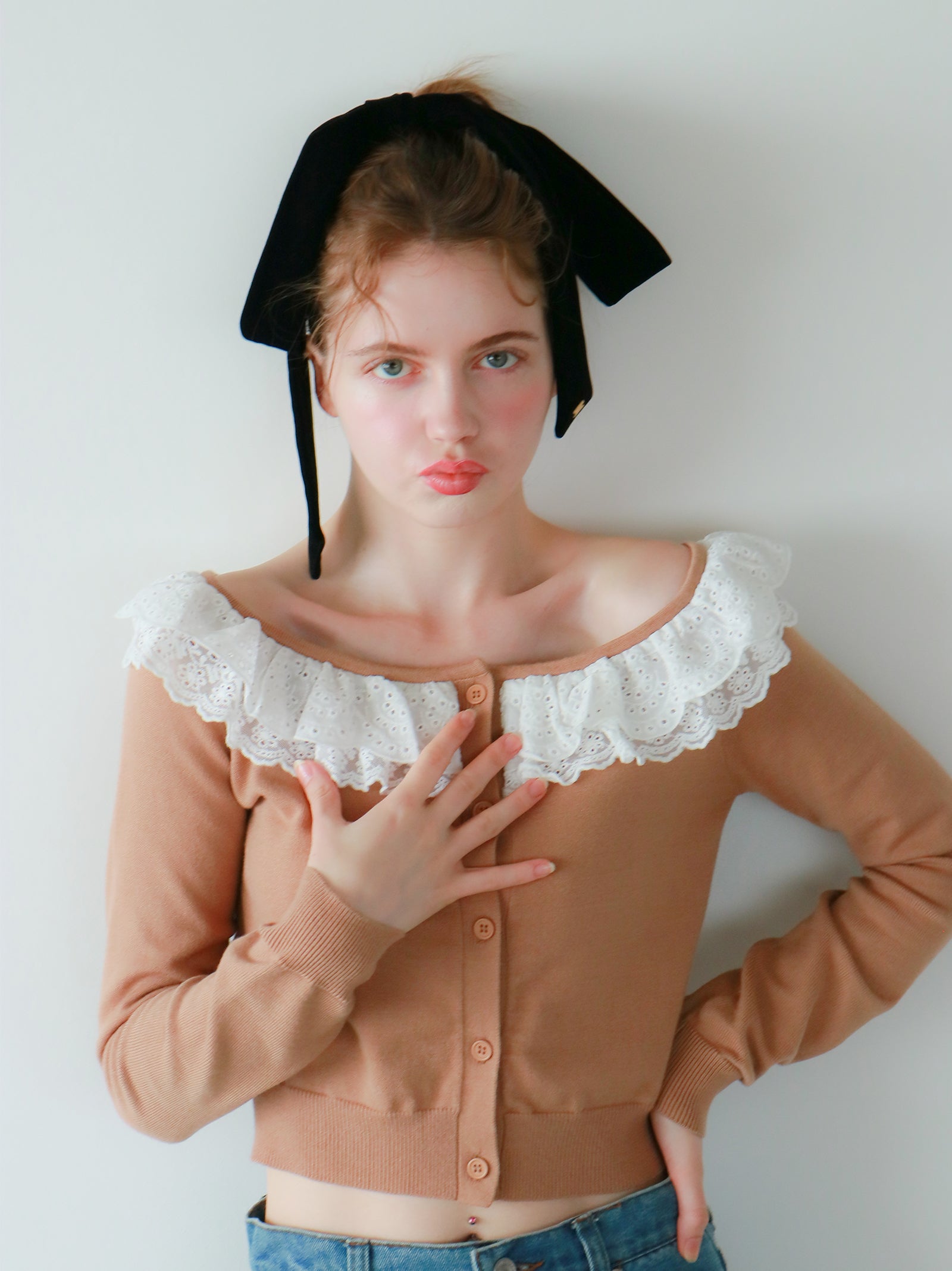 【mic】ベルラッフルニットカーディガン