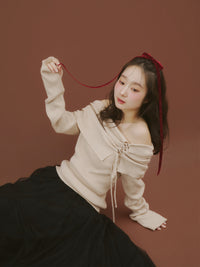 オフショルダーリボンラメニット