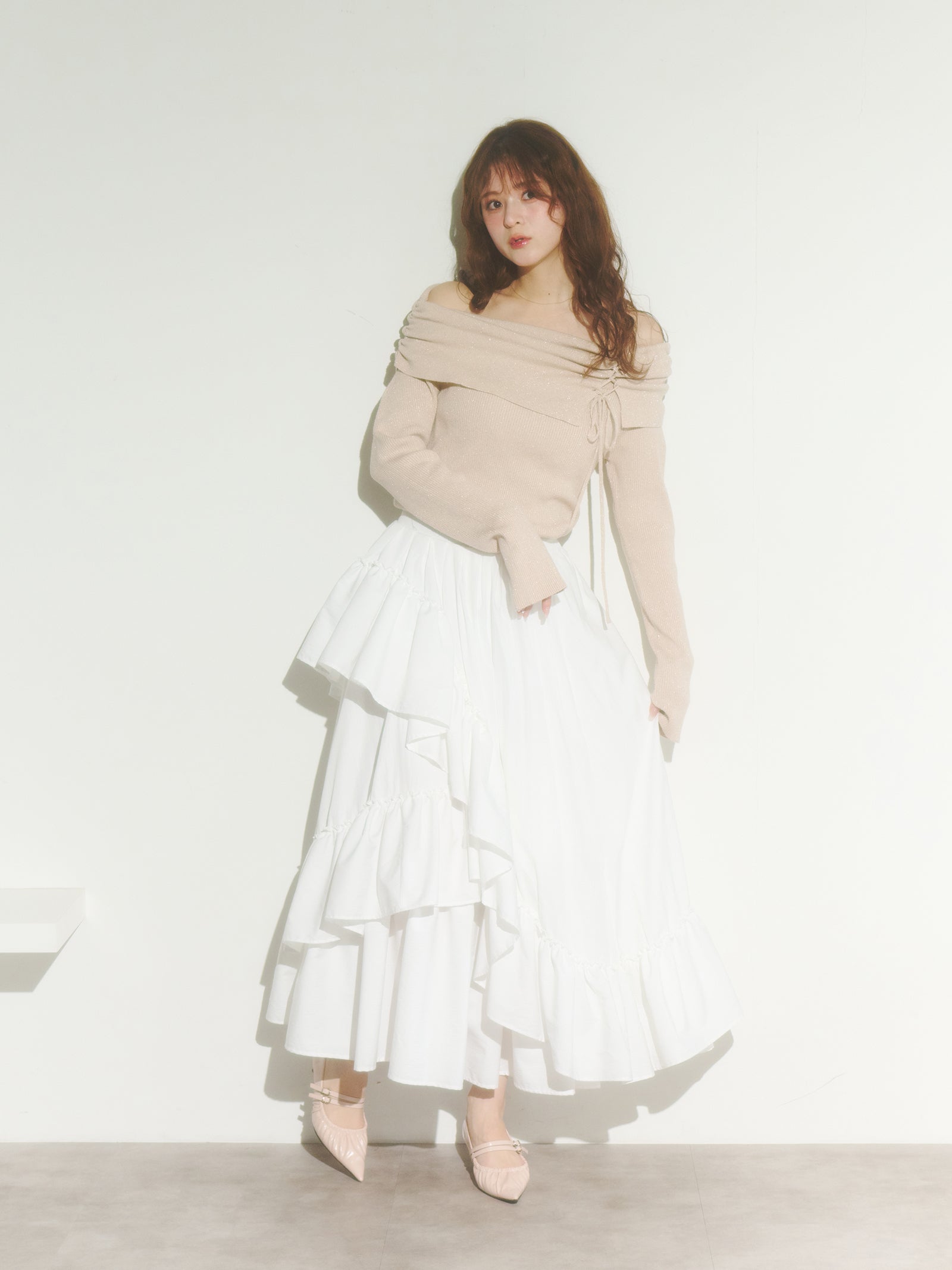 エムミーエメ　オフショルダーリボンラメニットワンピース knitonepiece オフショルダーリボンラメニット
