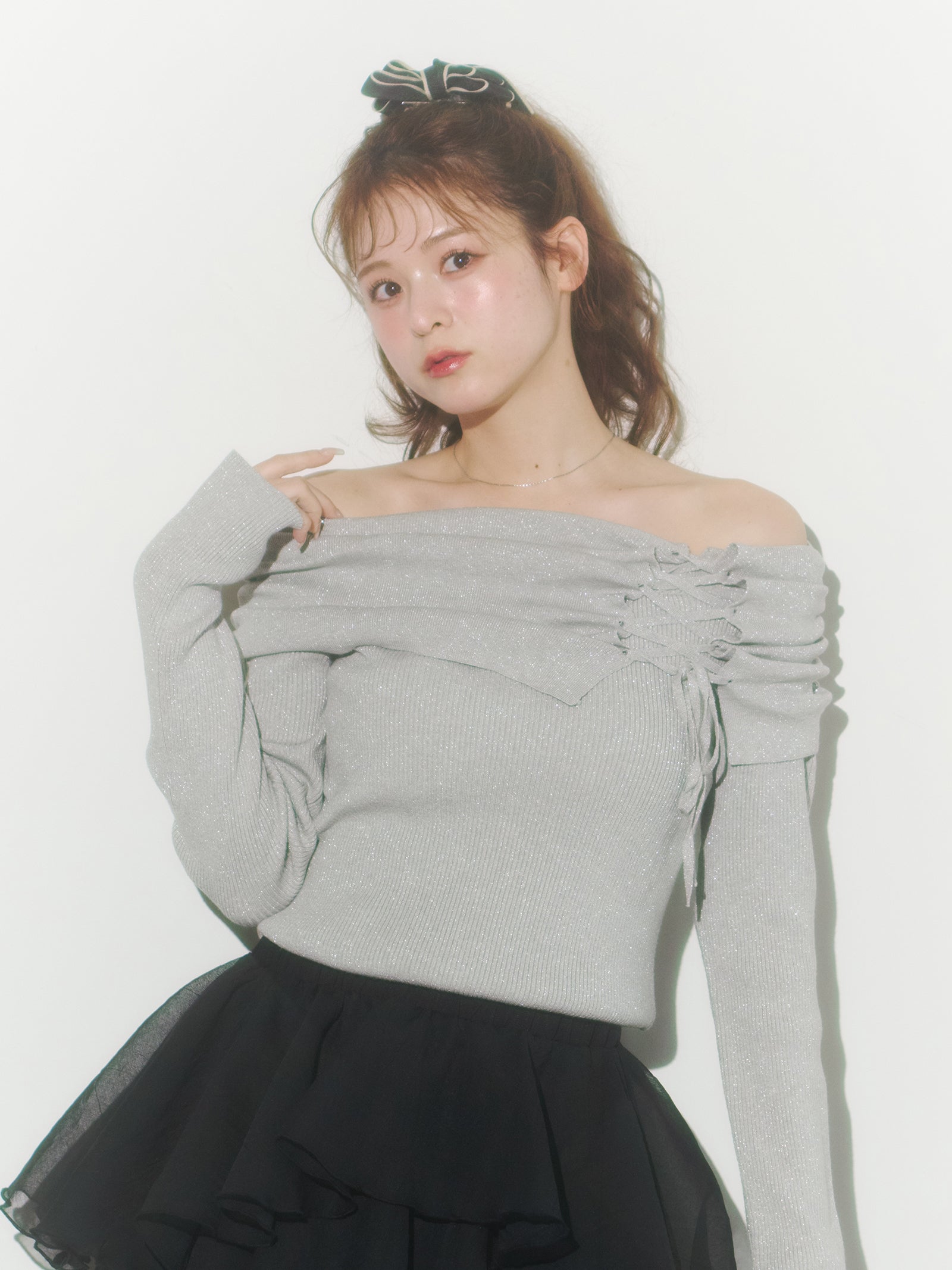 エムミーエメ　オフショルダーリボンラメニットワンピース knitonepiece オフショルダーリボンラメニット
