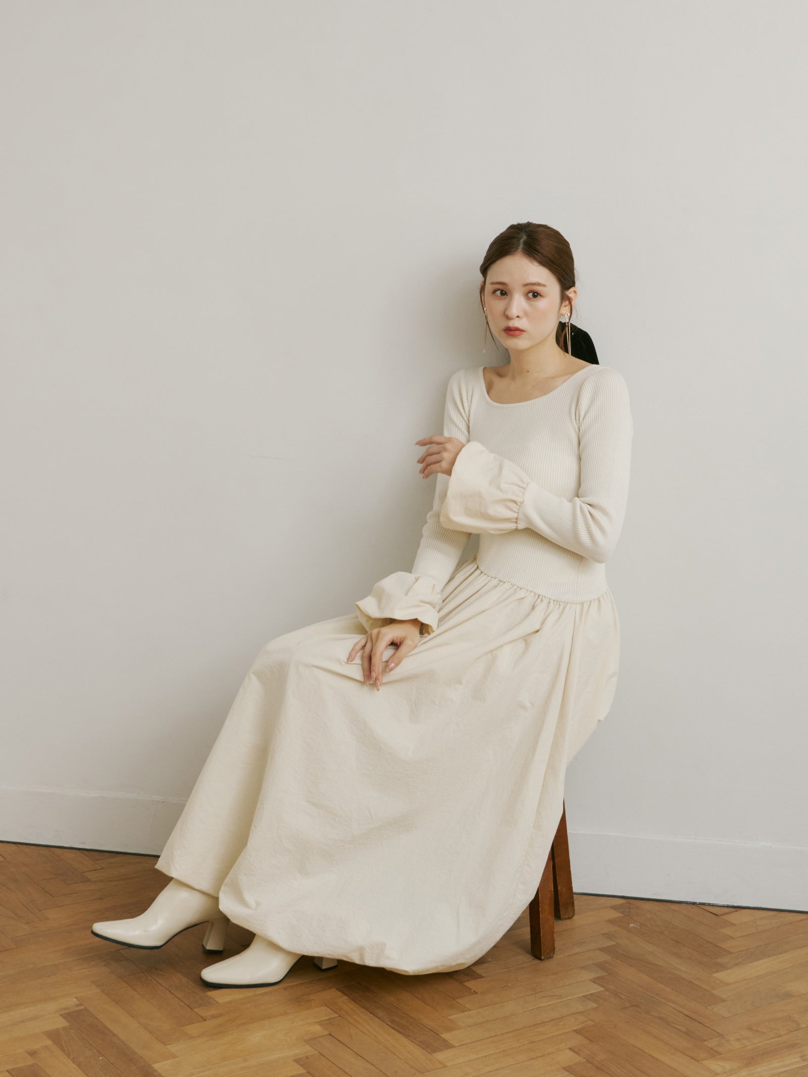 期間限定10%OFF】ニットドッキングバルーンワンピース