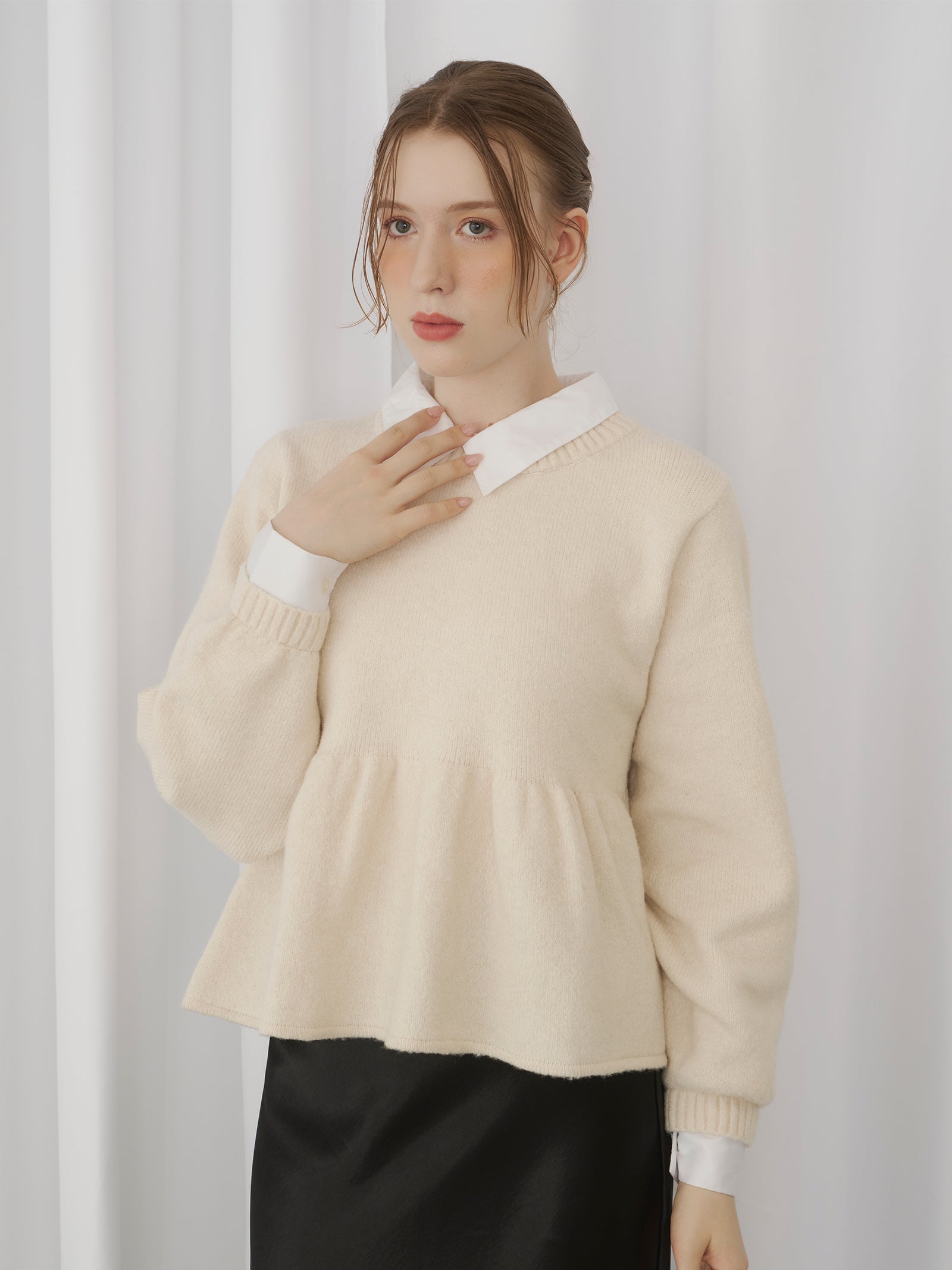 Olu. シャツドッキングペプラムニット 一部予約】シャツドッキングペプラムニット【発送予定日 12月下旬~1月