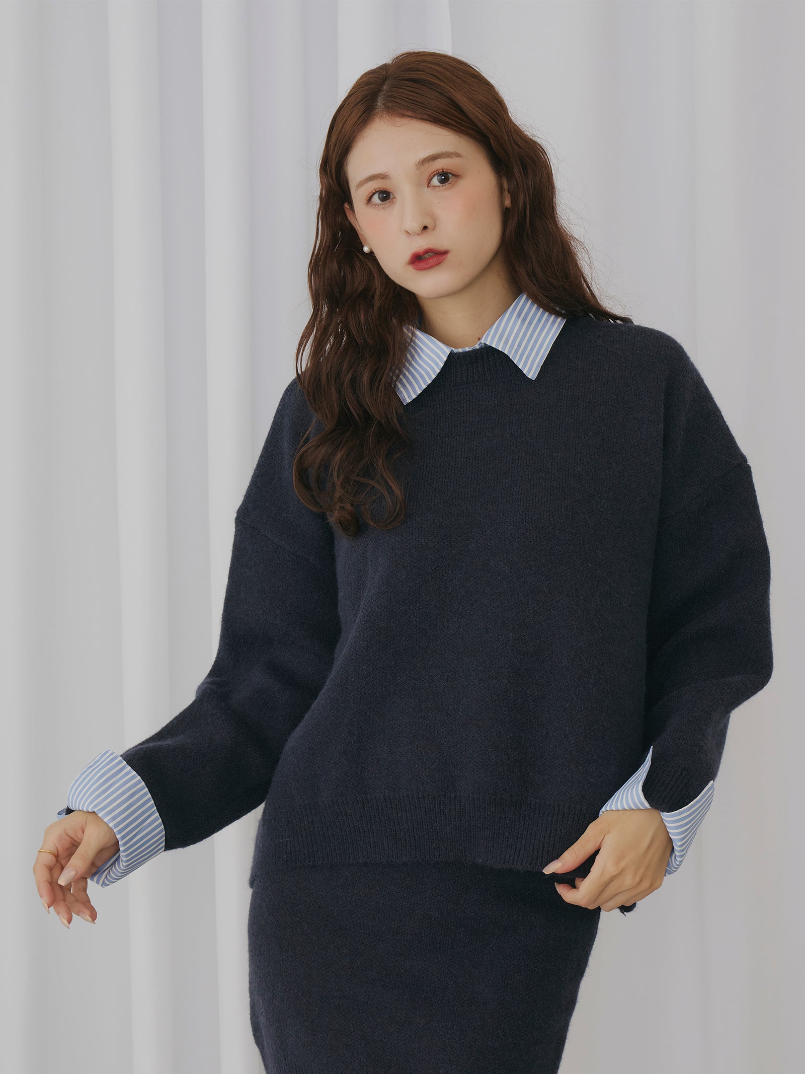 ストライプシャツドッキングニット[セットアップ可能]