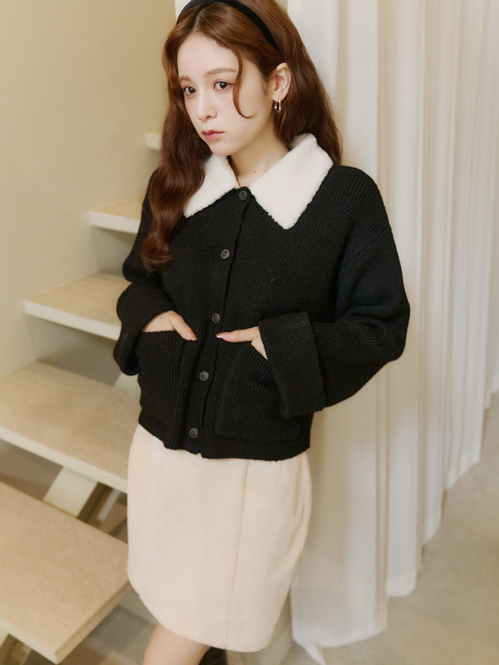 ボアカラーポケットカーディガン