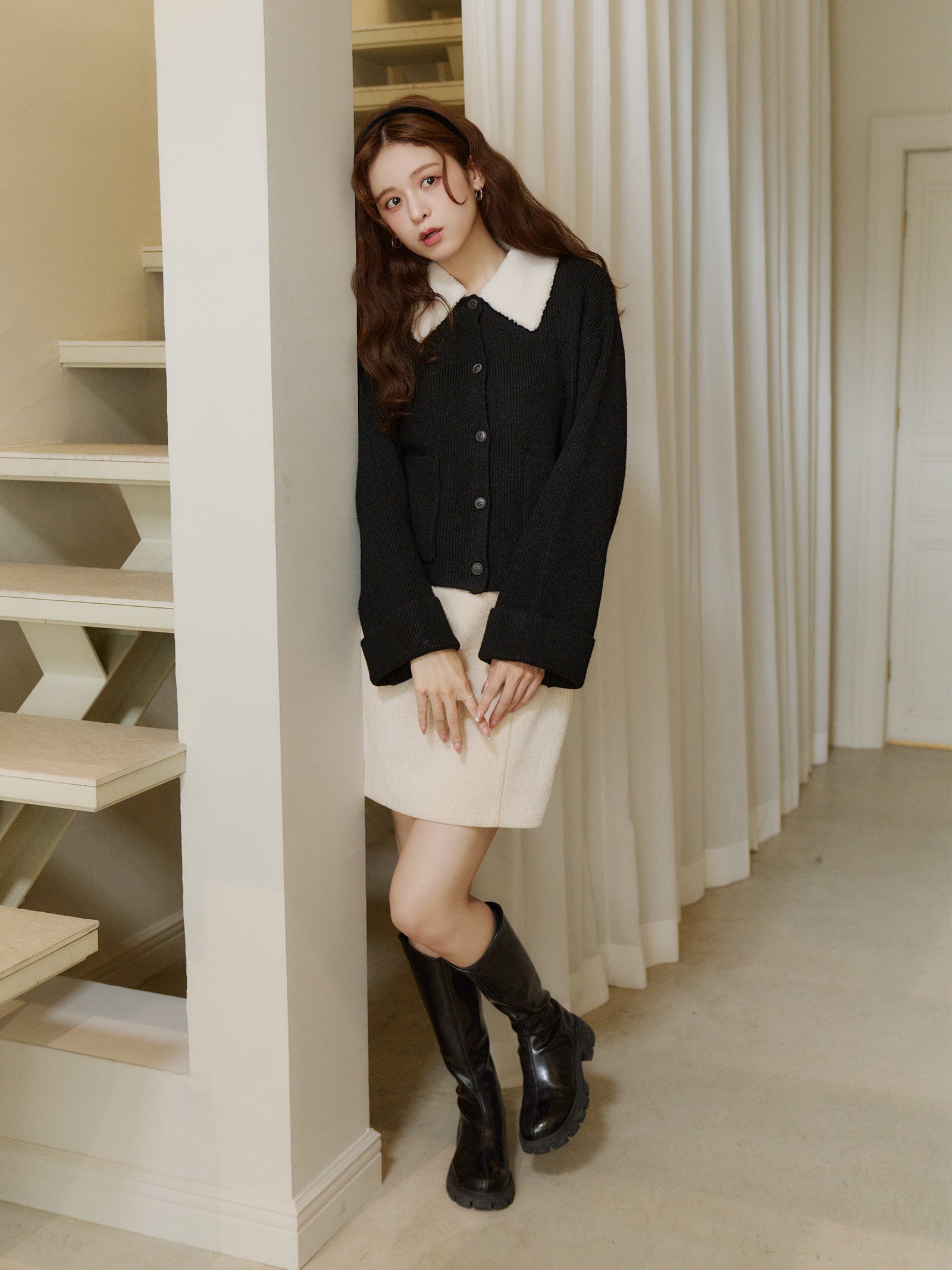 ボアカラーポケットカーディガン