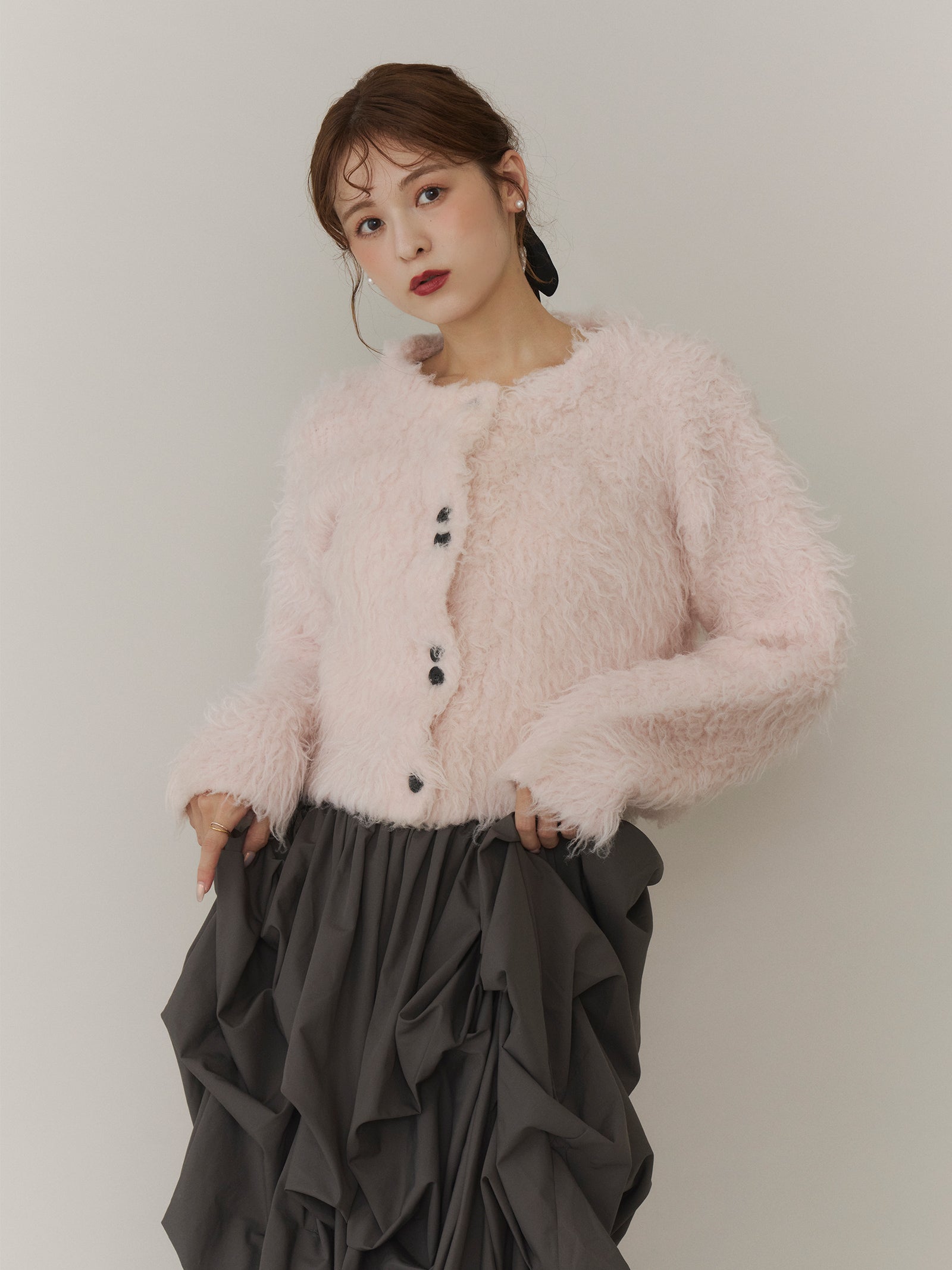 olu. ボリュームロングシャギーカーディガン【pink】 一部予約】ボリュームロングシャギーカーディガン【発送予定日