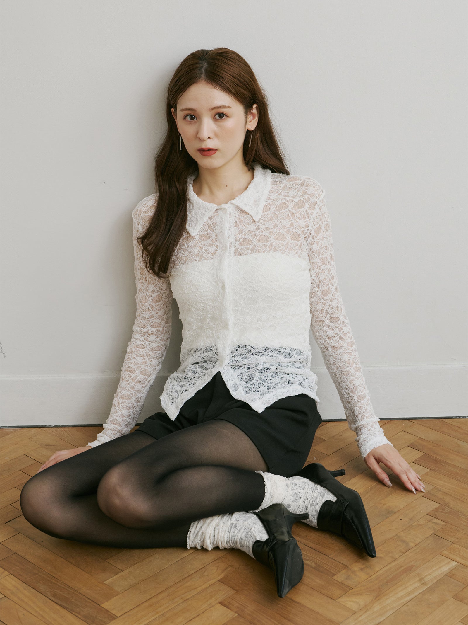 レースシャツ　ブラック 小さいサイズ]コットンスカラップレースシャツブラウス