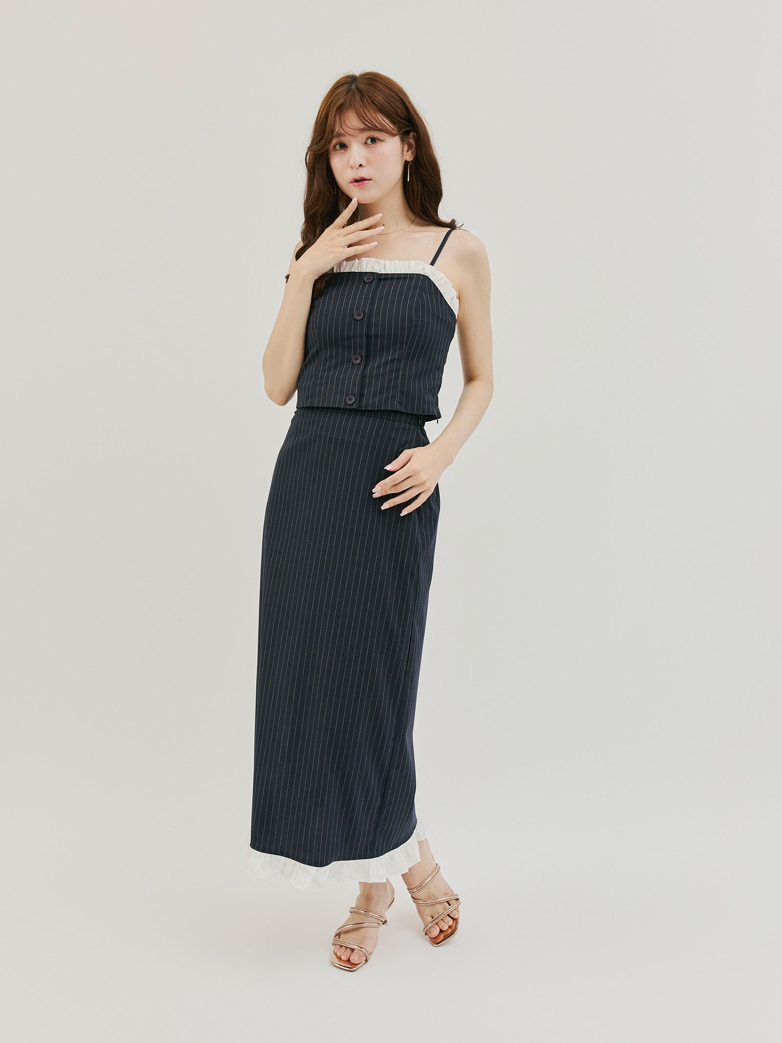 2SET / 5%OFF】ストライプフリルビスチェ+ストライプサイド