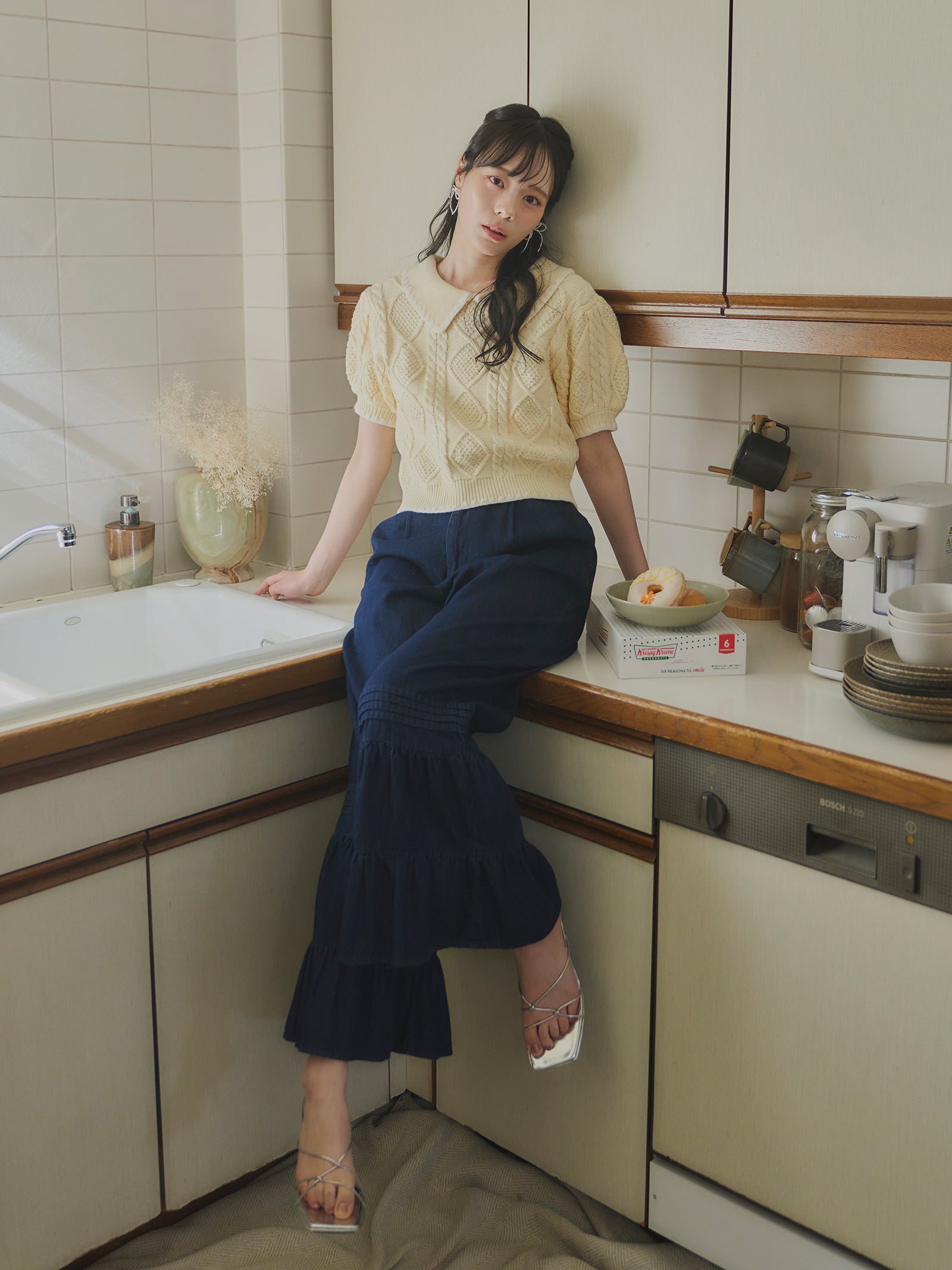 シェルステッチバイカラーサマーニット