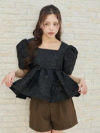 スクエアネックジャガードペプラムブラウス