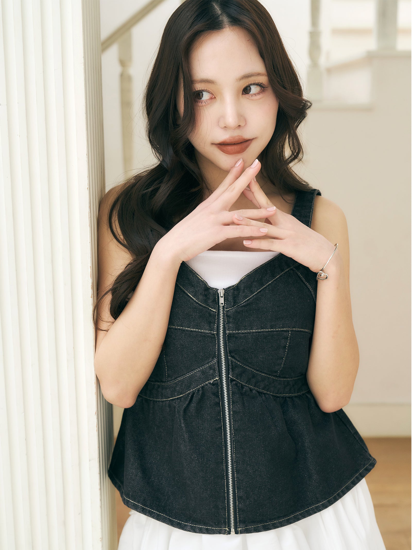 デニムペプラムビスチェ