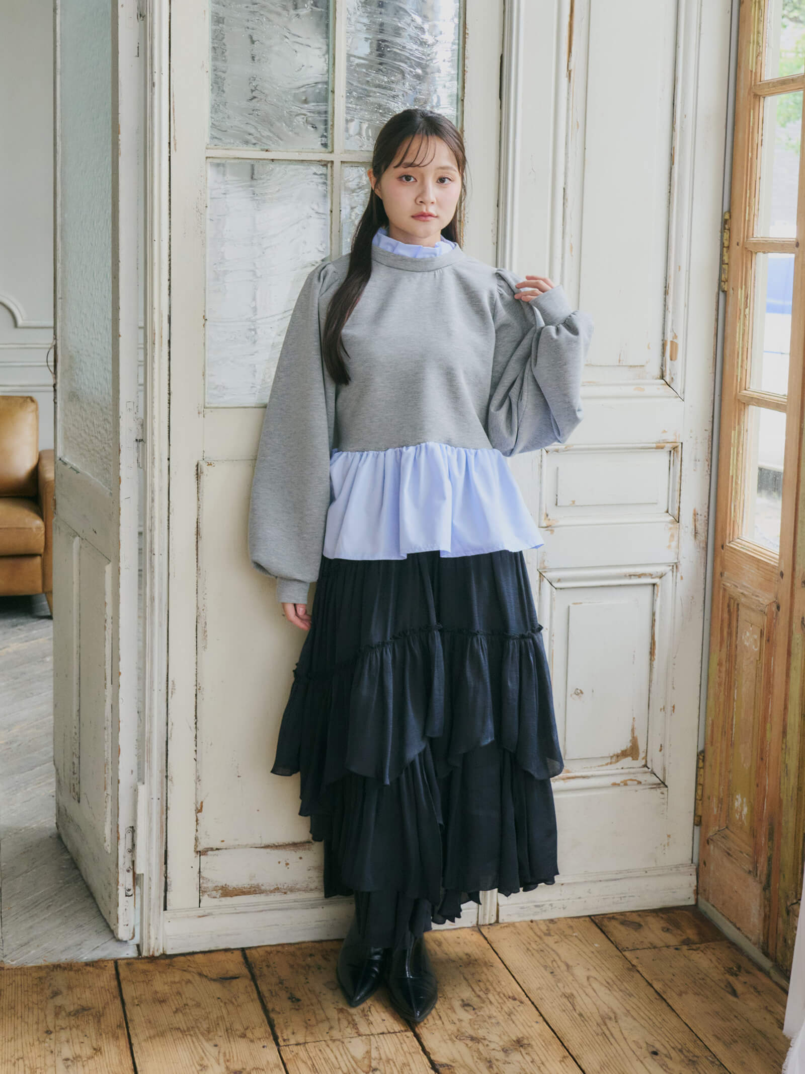 【coordinate】ドッキングペプラムリボンスウェット+ランダムギャザースカート