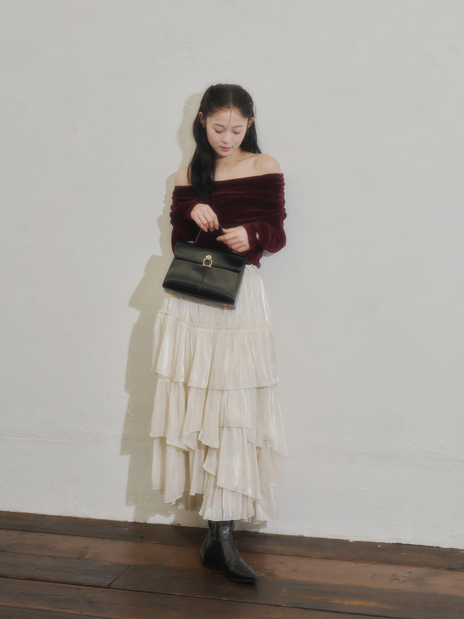 coordinate】シアーベロアオフショルダートップス+シルキーランダム