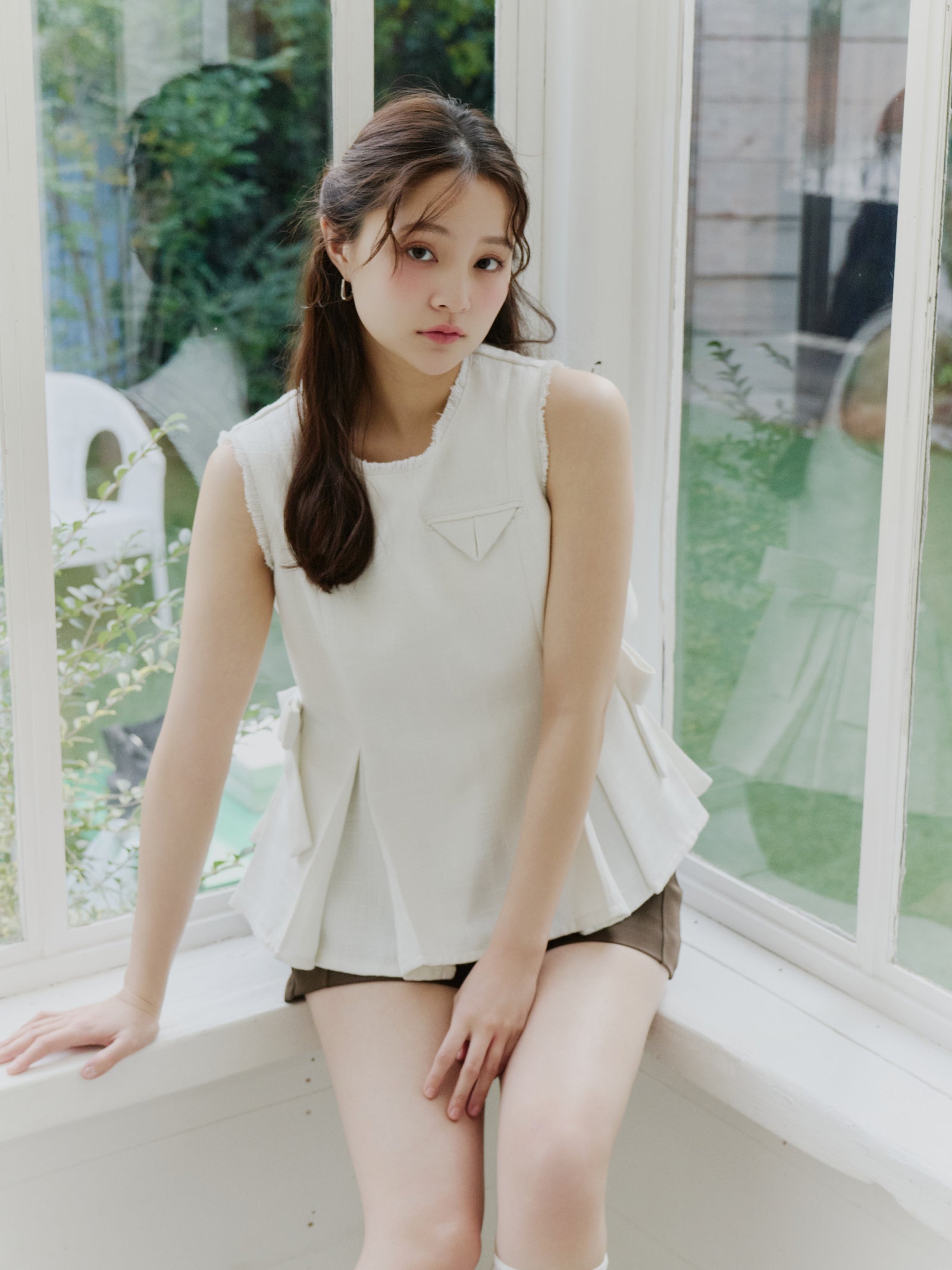 ツイードペプラムリボントップス