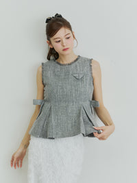 ツイードペプラムリボントップス