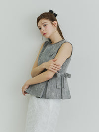 ツイードペプラムリボントップス