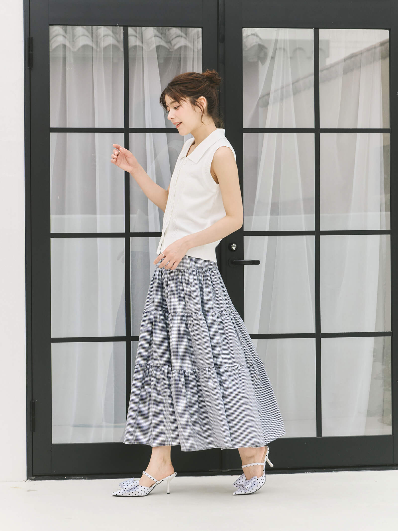 【coordinate】スカラップノースリーブトップス+ティアードブロードスカート