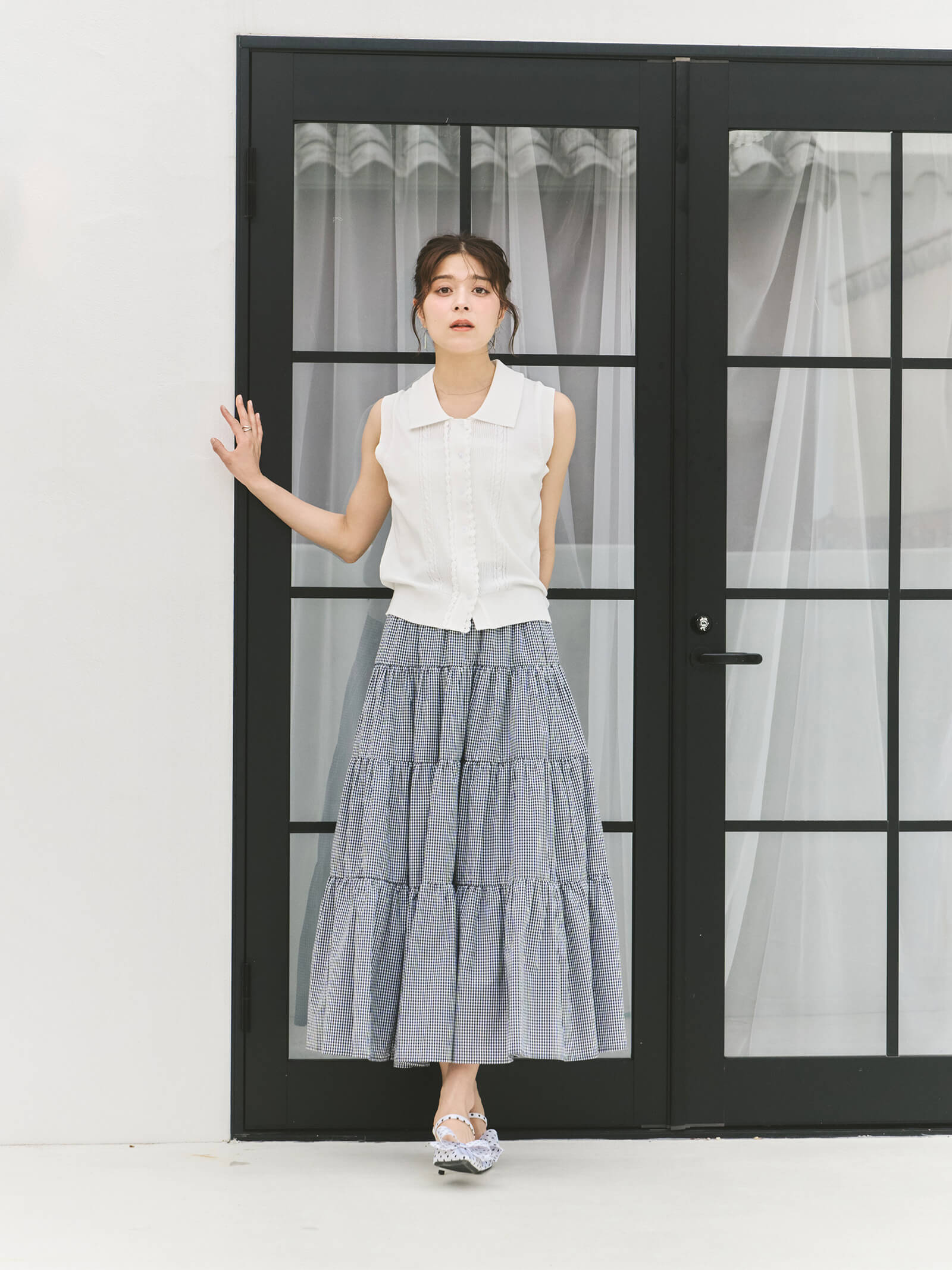 【coordinate】スカラップノースリーブトップス+ティアードブロードスカート