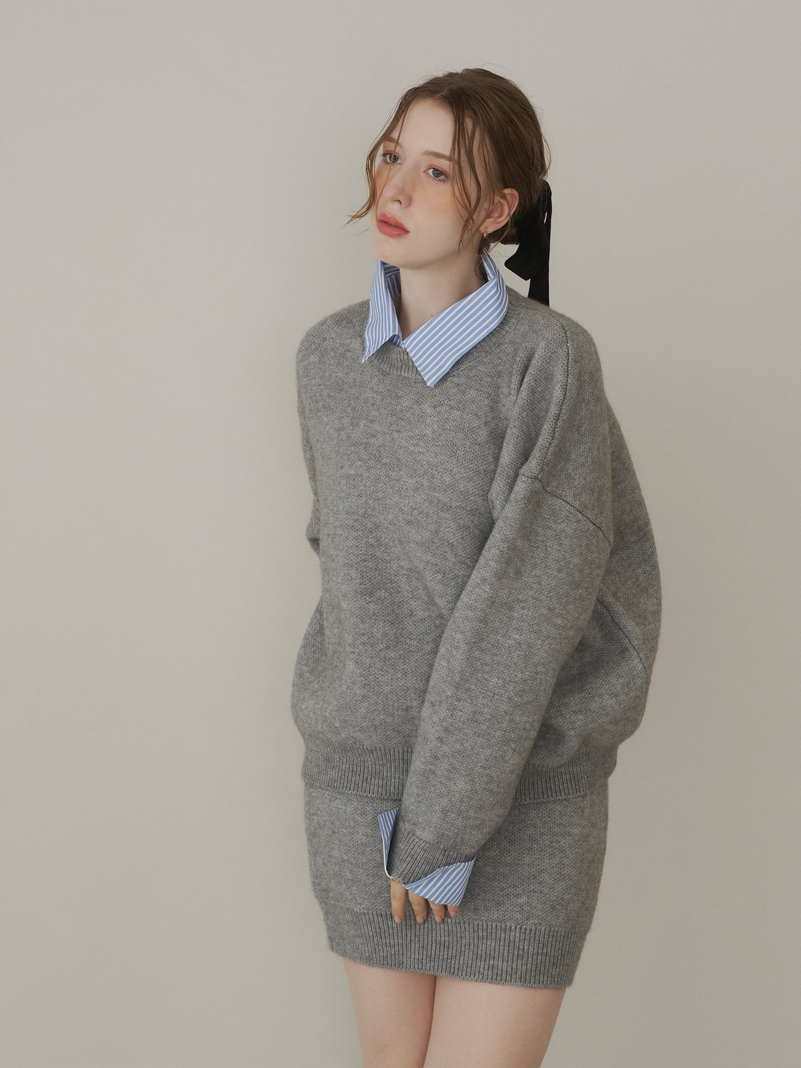 【SET_5%OFF】ストライプシャツドッキングニット+タイトミニスカート