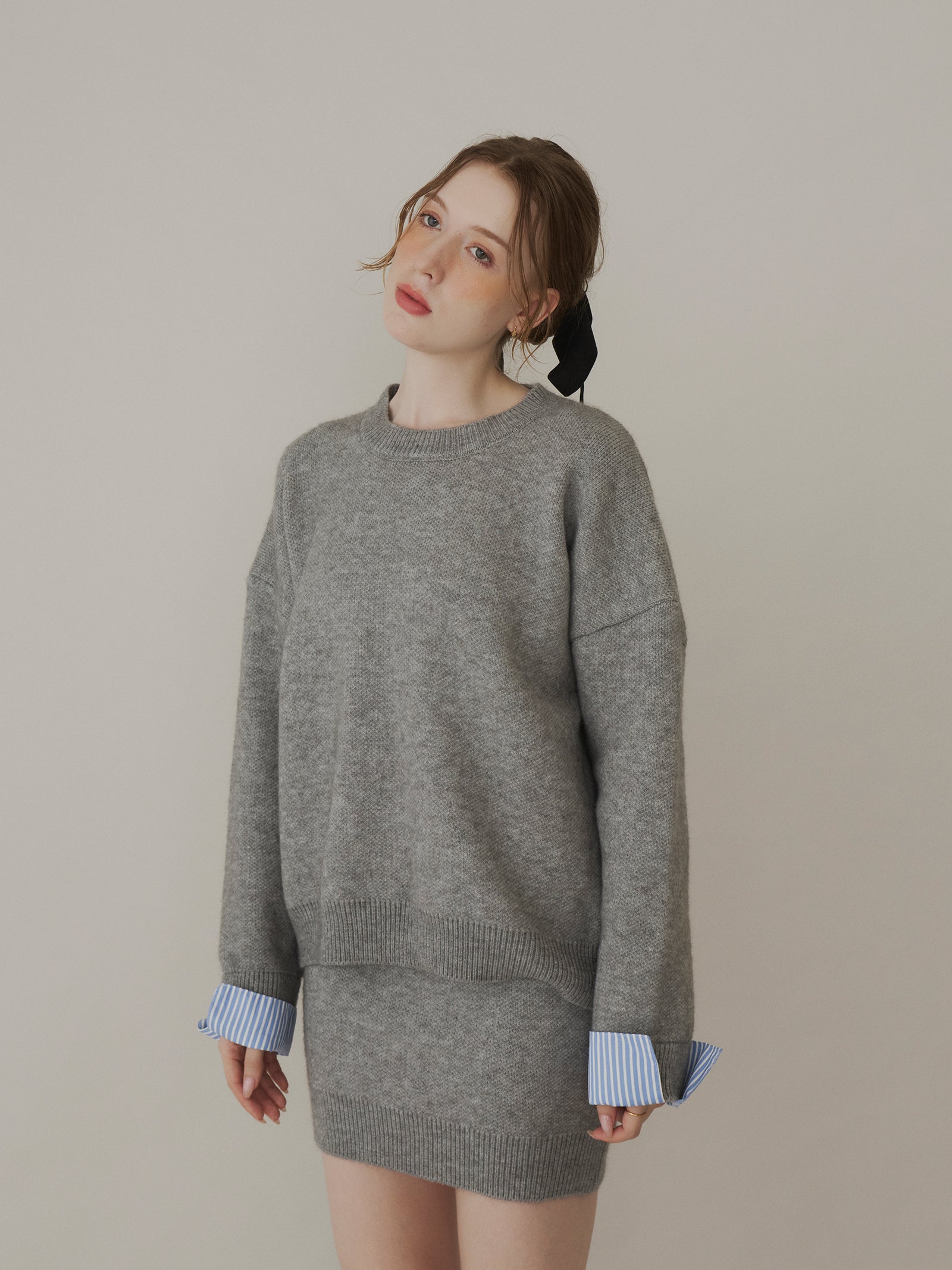 【SET_5%OFF】ストライプシャツドッキングニット+タイトミニスカート