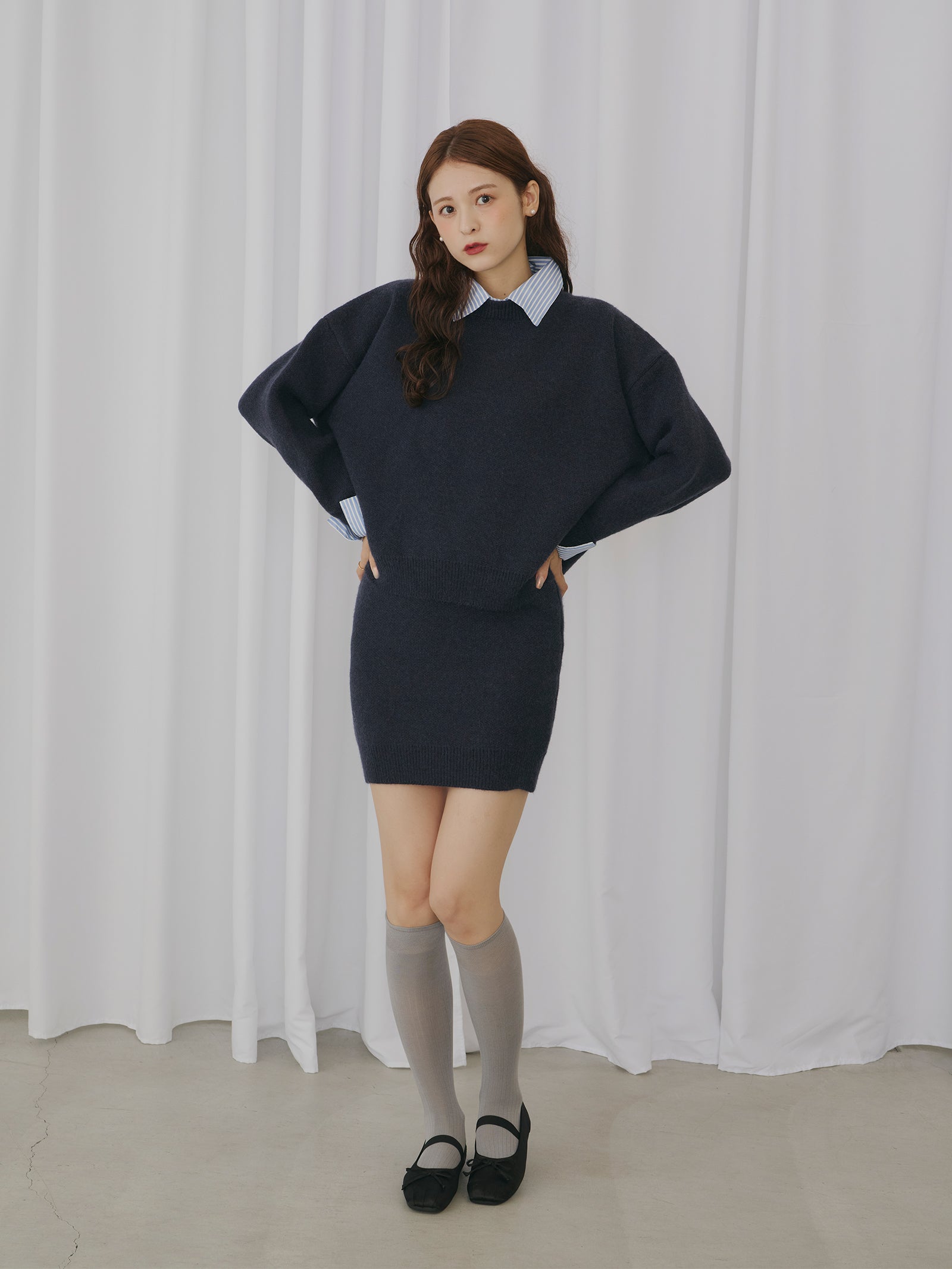 【SET_5%OFF】ストライプシャツドッキングニット+タイトミニスカート