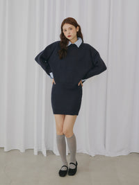 【SET_5%OFF】ストライプシャツドッキングニット+タイトミニスカート