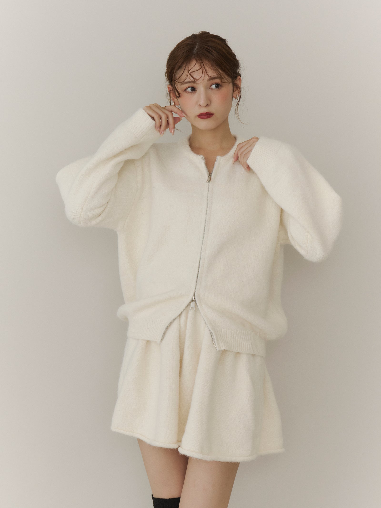 SET_5%OFF】アルパカタッチジップニット+ショートフレアニット