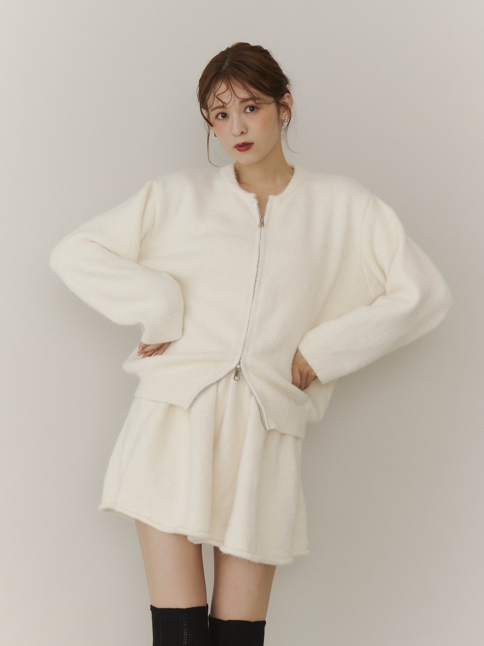 SET_5%OFF】アルパカタッチジップニット+ショートフレアニット