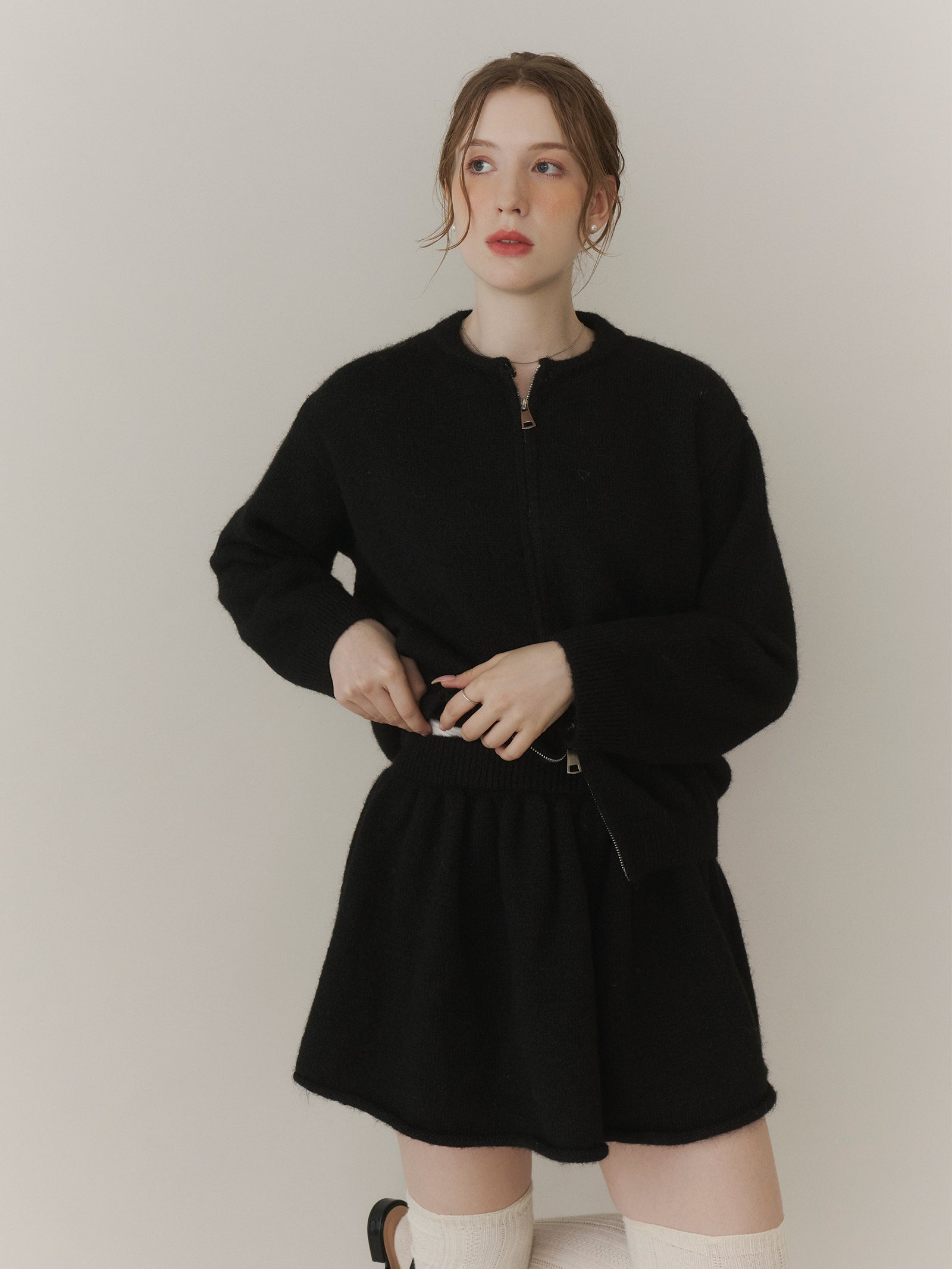 SET_5%OFF】アルパカタッチジップニット+ショートフレアニット