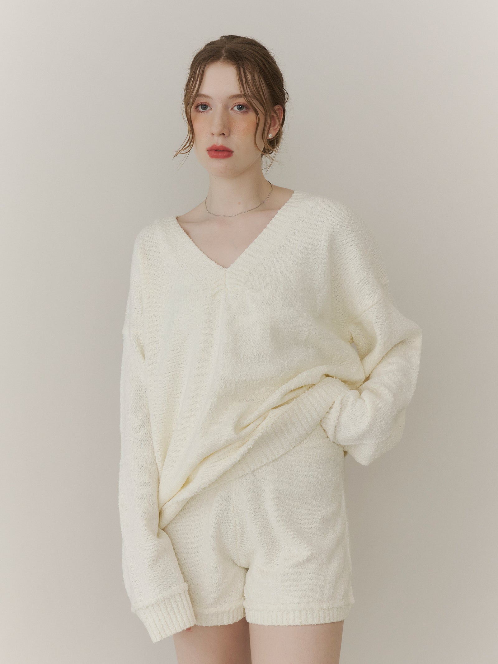 【SET_5%OFF】ブークレVネックニット+ブークレニットパンツ