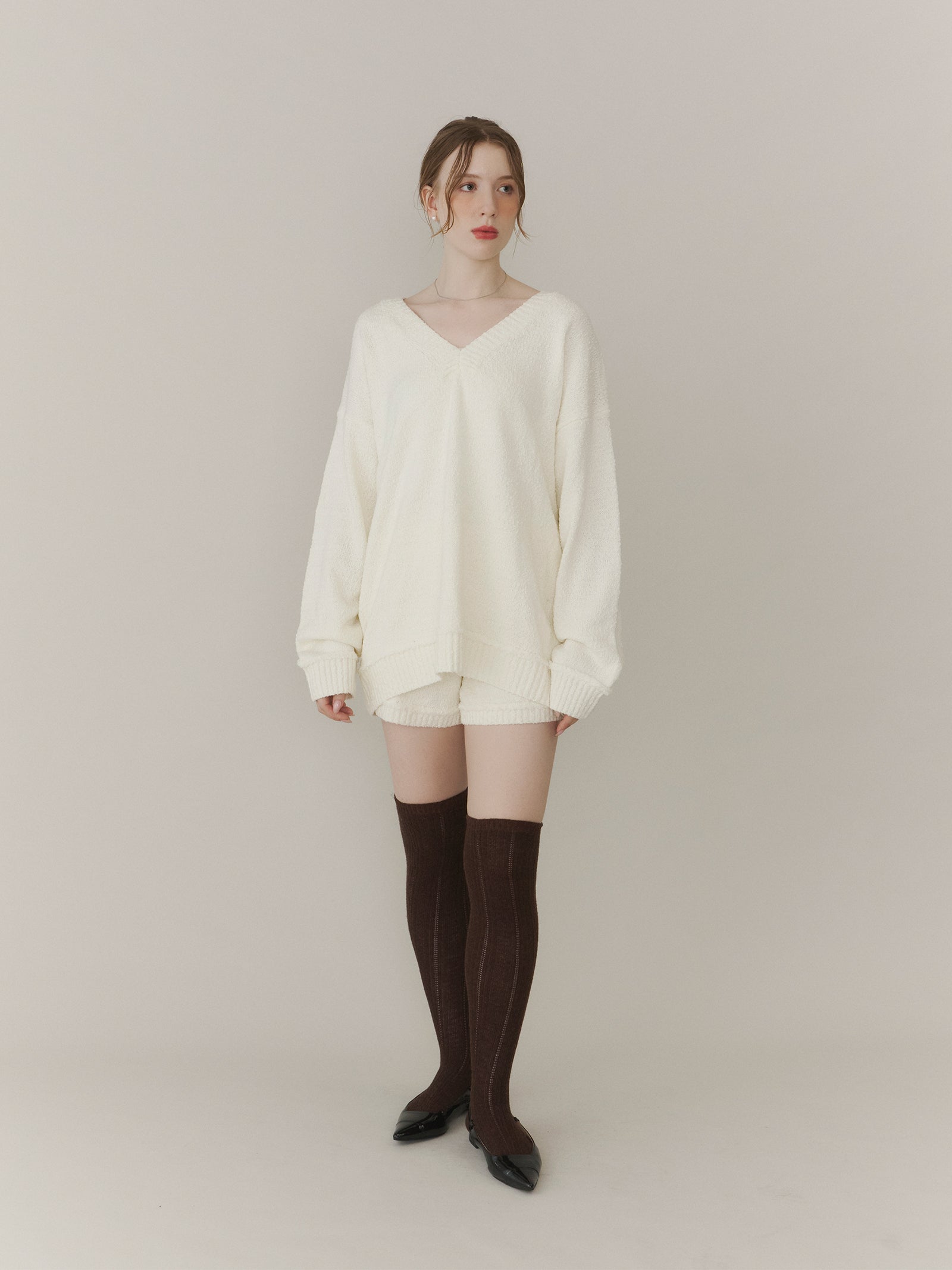 【SET_5%OFF】ブークレVネックニット+ブークレニットパンツ