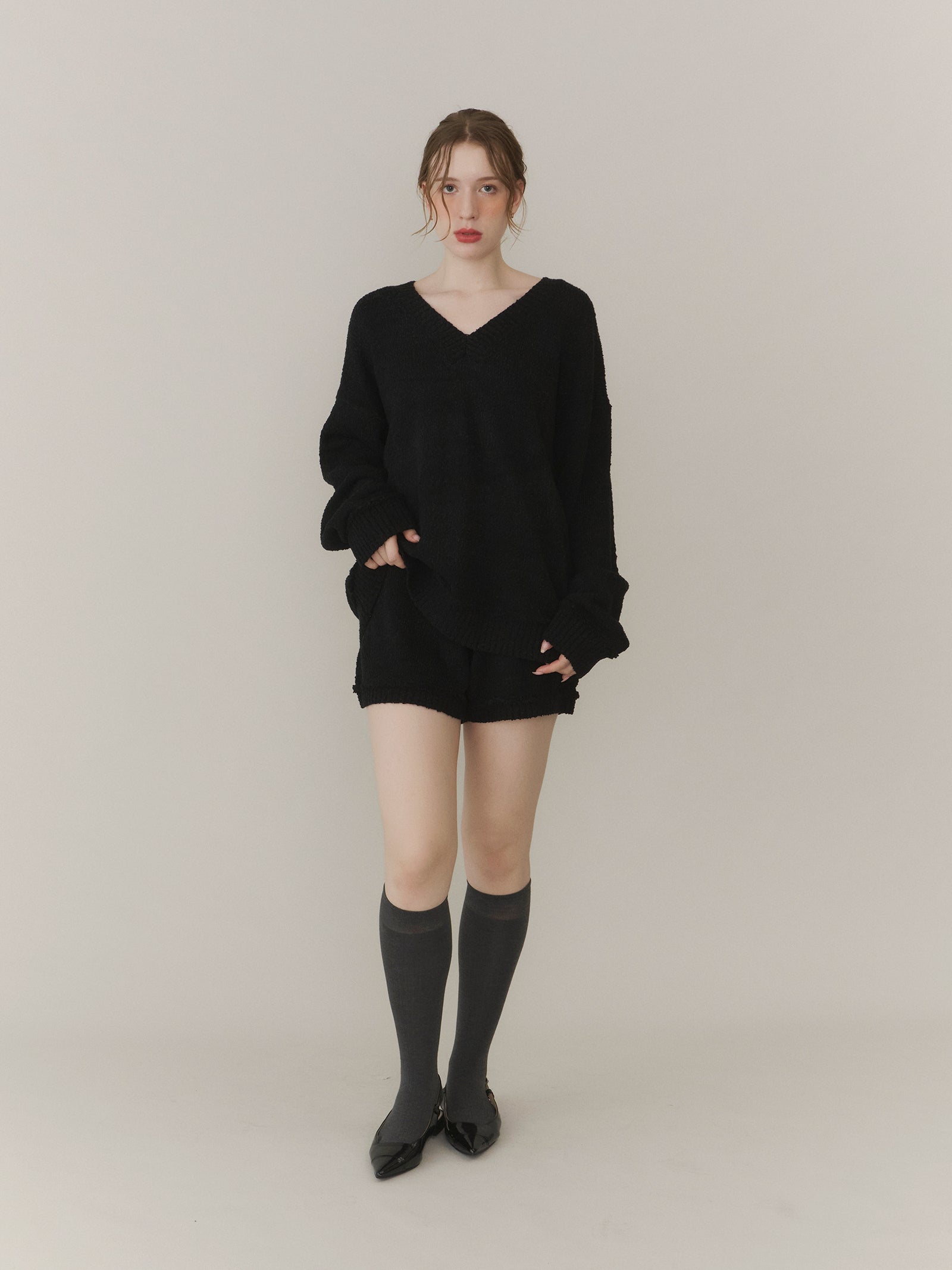 【SET_5%OFF】ブークレVネックニット+ブークレニットパンツ