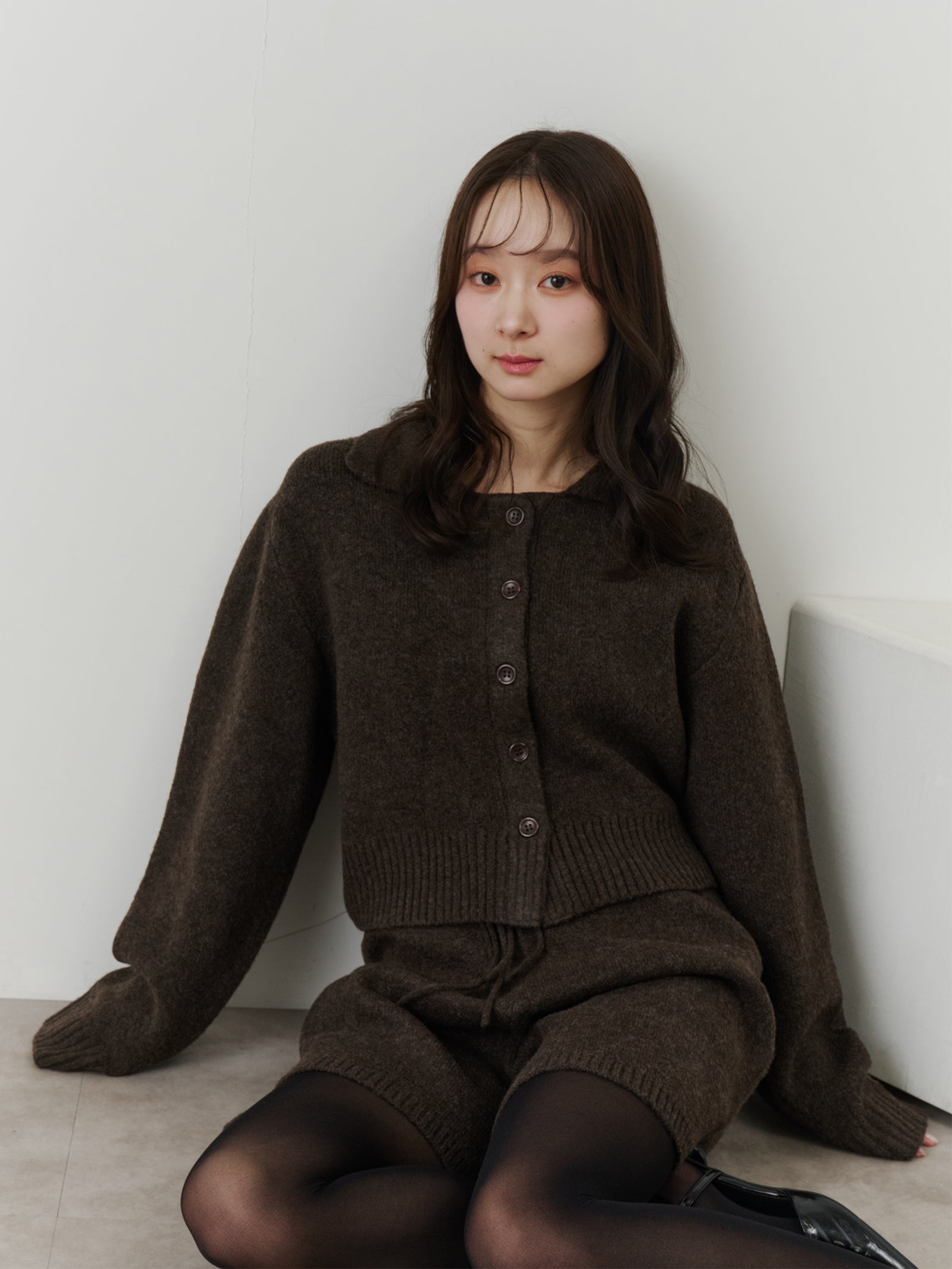 【SET_5%OFF】クロップドニットカーディガン+メランジニットショートパンツ