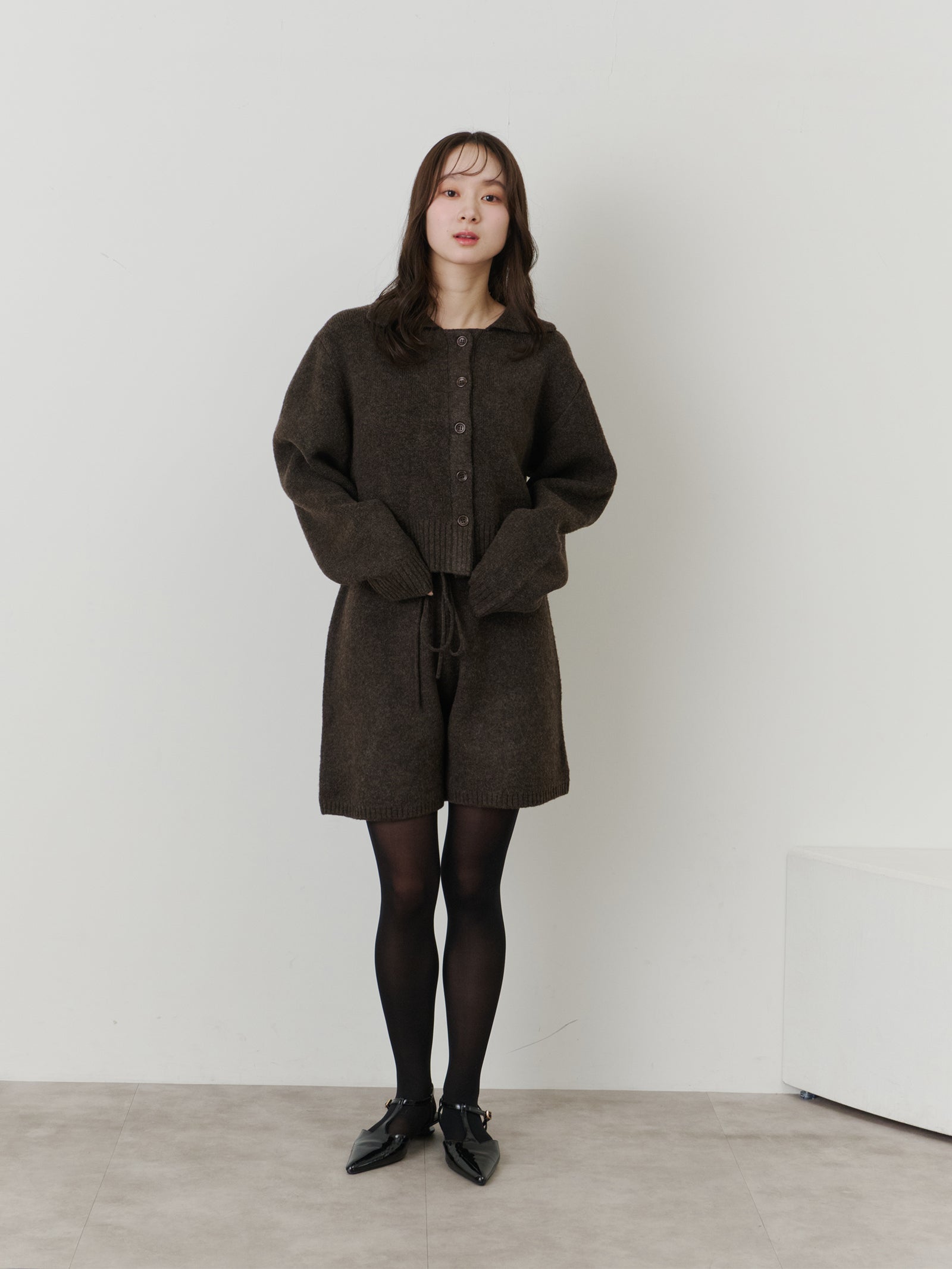 SET_5%OFF】クロップドニットカーディガン+メランジニットショートパンツ