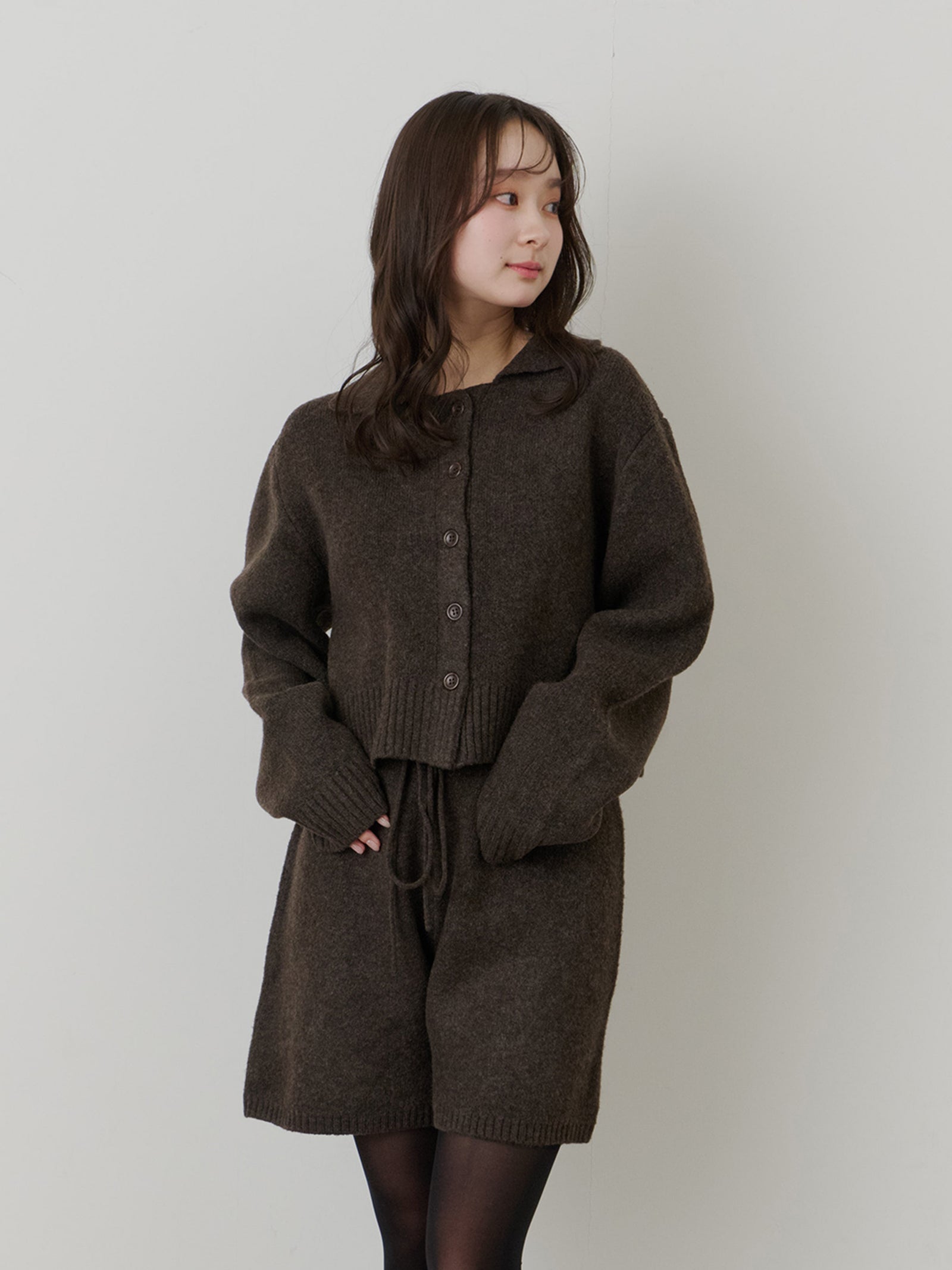 SET_5%OFF】クロップドニットカーディガン+メランジニットショートパンツ