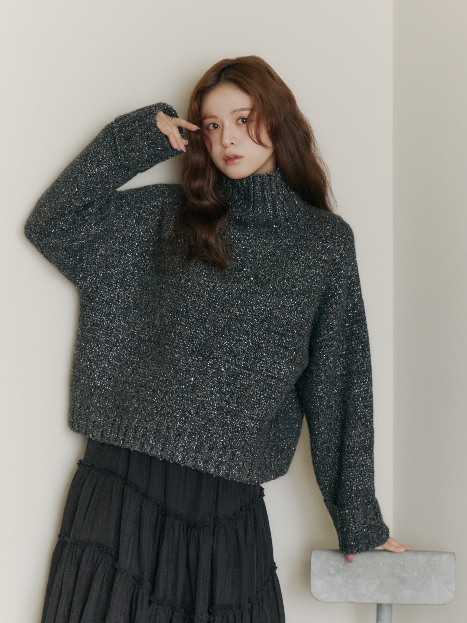 スパンコールタートルニット